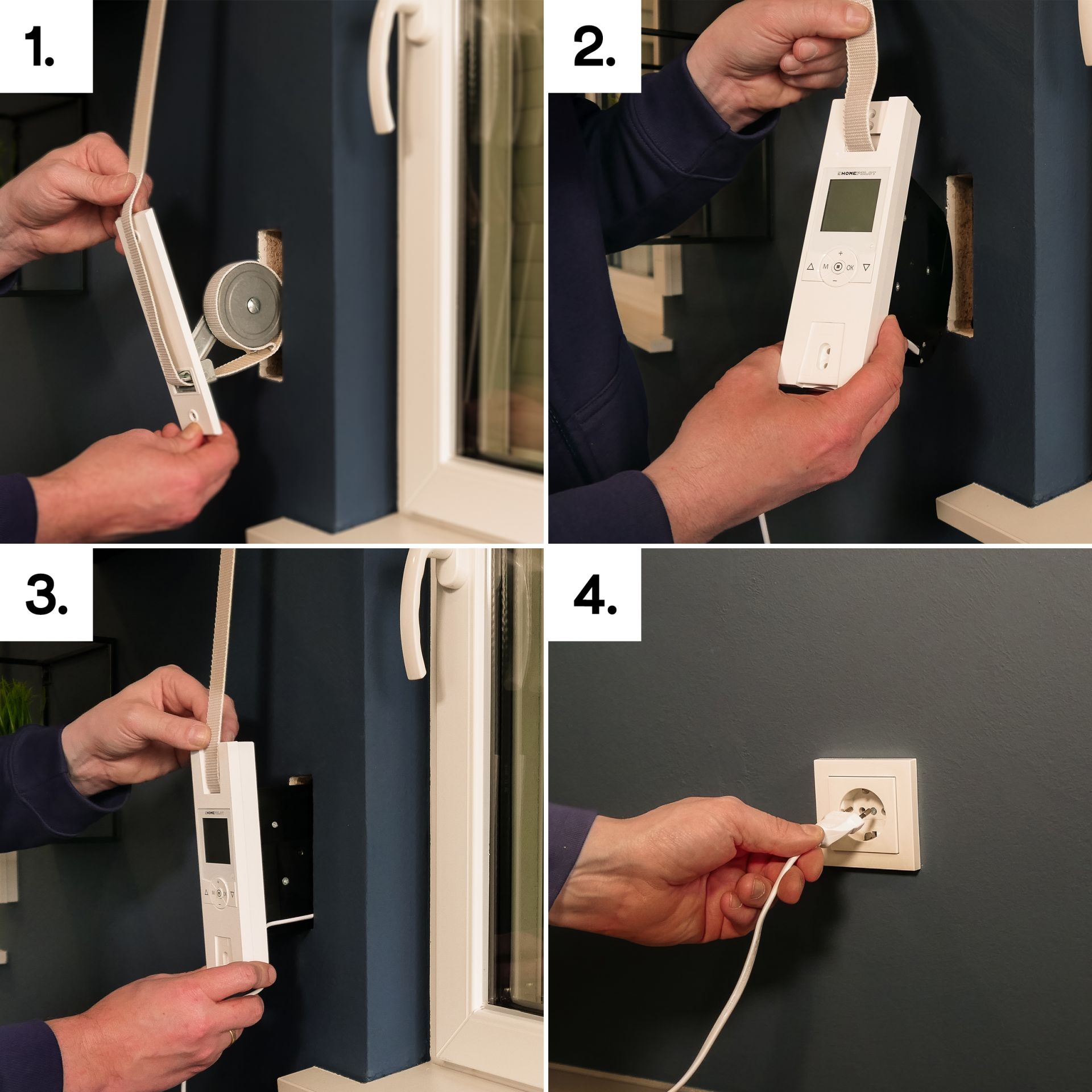 Vier Bilder, die die Installation eines Smart-Home-Geräts an einer blauen Wand in der Nähe eines Fensters zeigen.