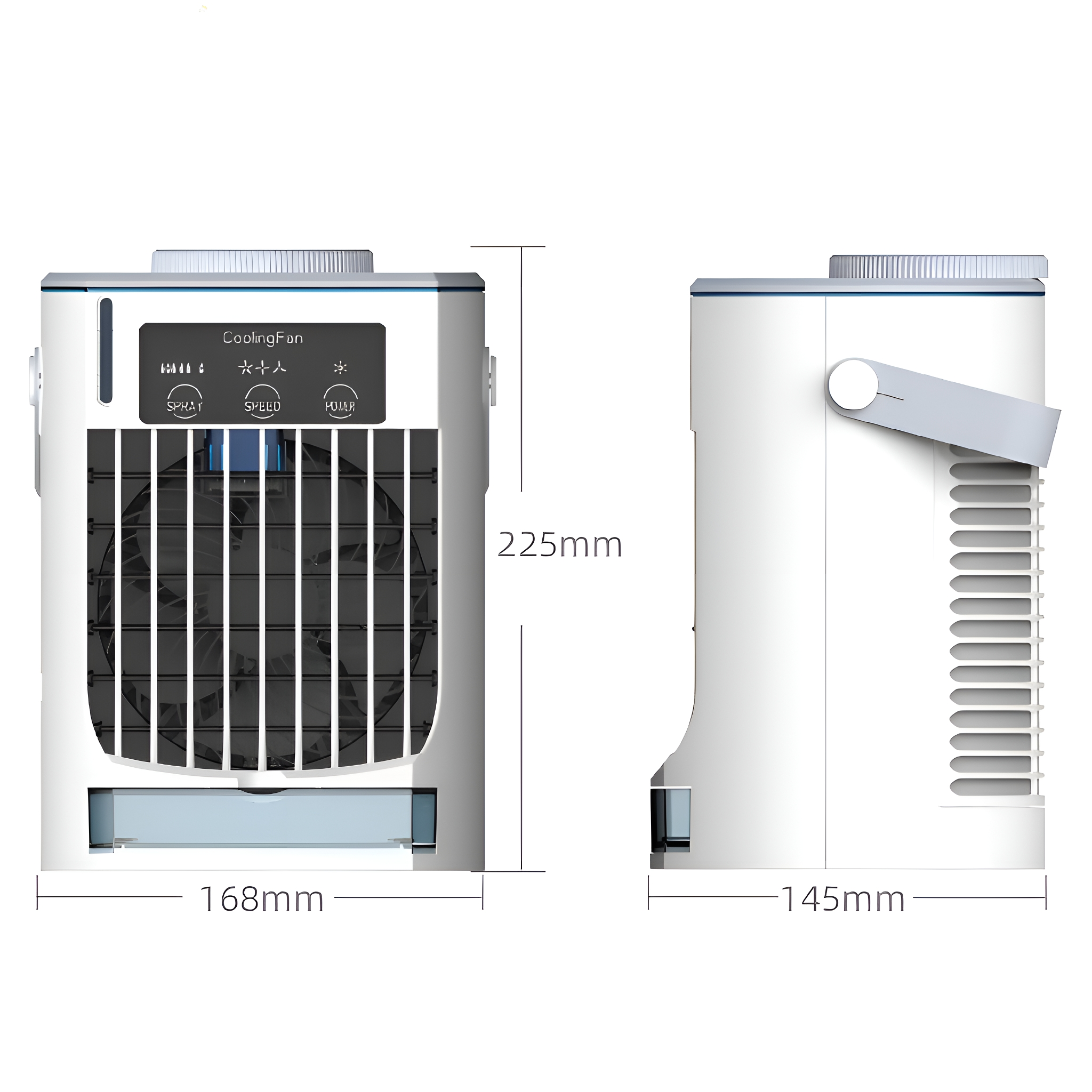 Weiß-blauer Kühlventilator mit Maßangaben.