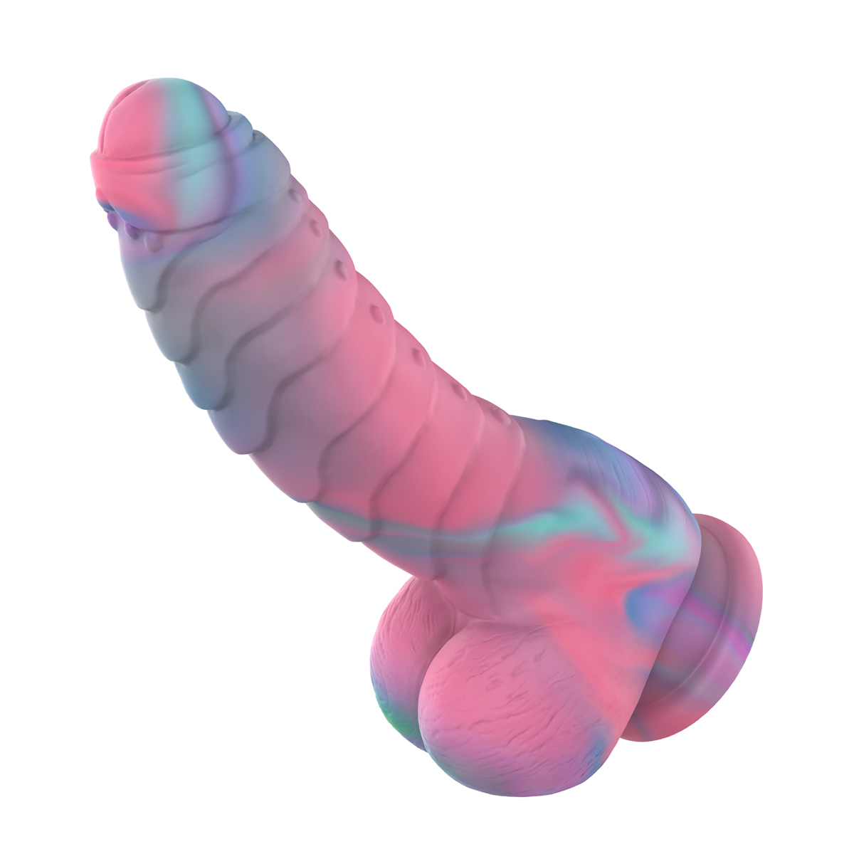 Ein mehrfarbiger Dildo mit strukturierter Oberfläche und abgerundeter Basis.