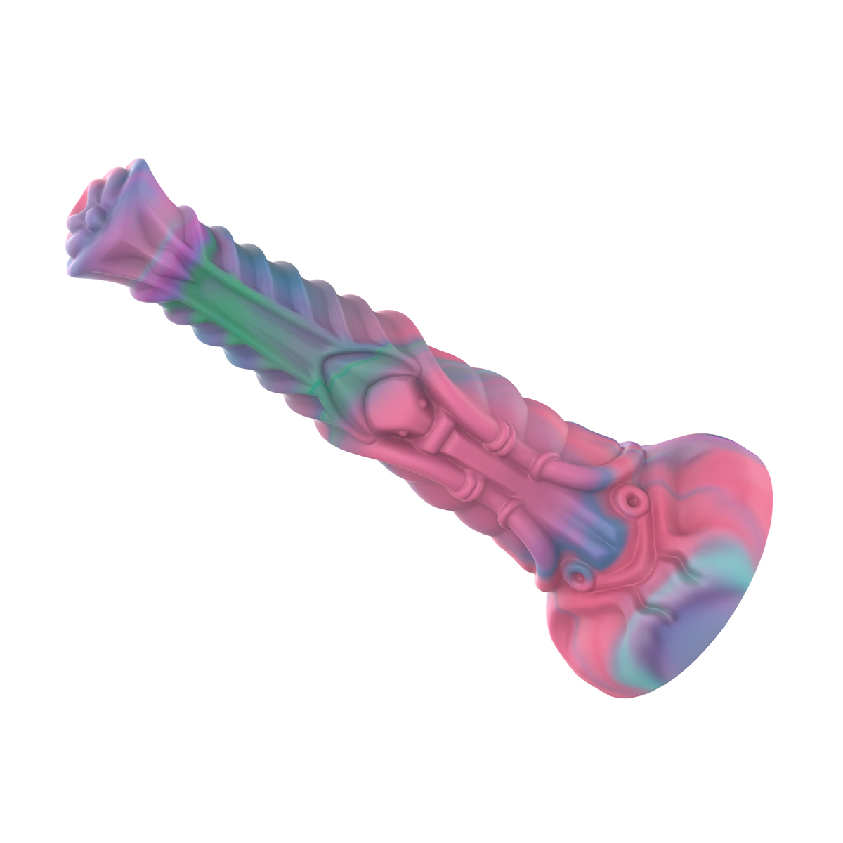 Ein farbenfrohes Sexspielzeug. Es ist rosa, lila, blau und grün mit strukturiertem Design.