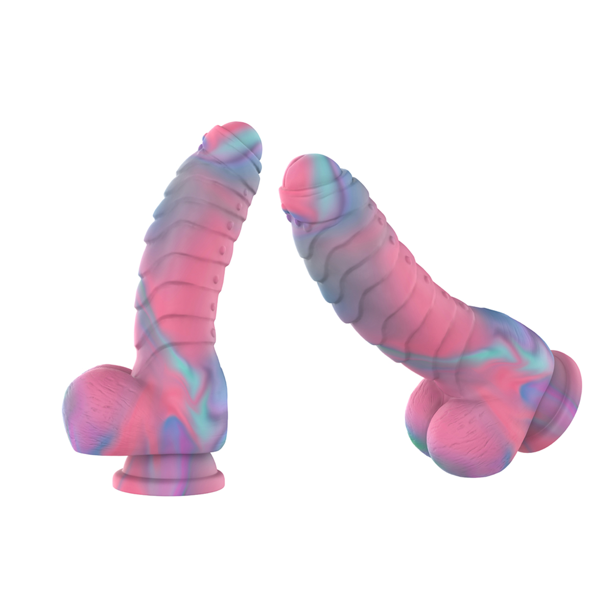 Zwei bunte Dildos mit rosa, blauen und lila Marmormustern. Sie sind auf weißem Hintergrund.