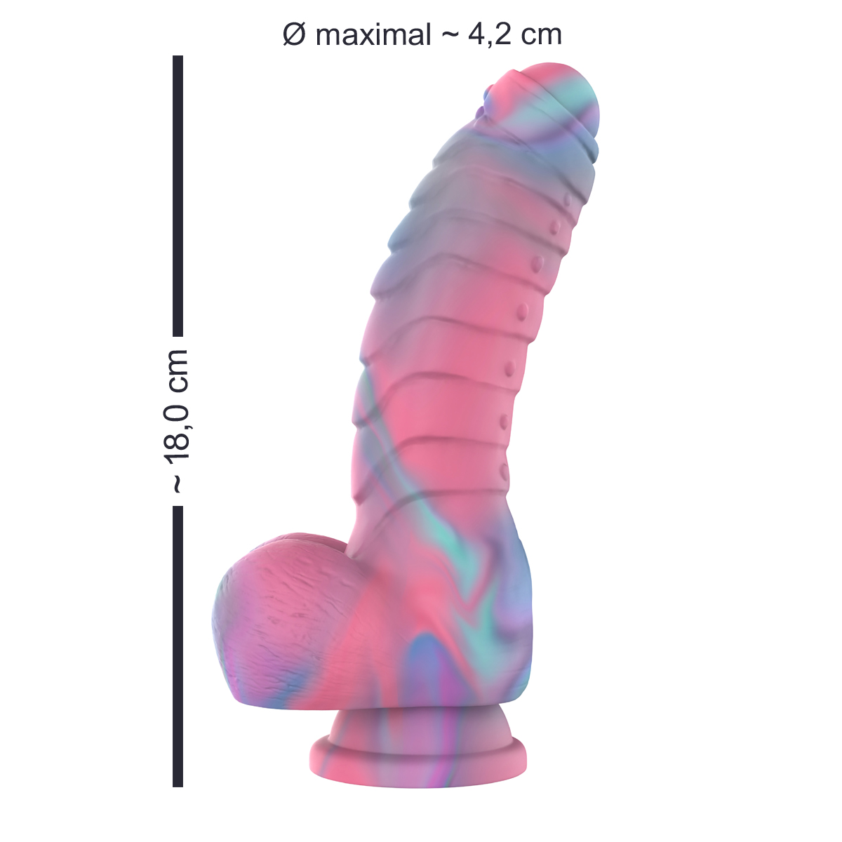 Ein farbenfroher Dildo in stehender Position. Rosa, blaue und violette Farben. Weißer Hintergrund.