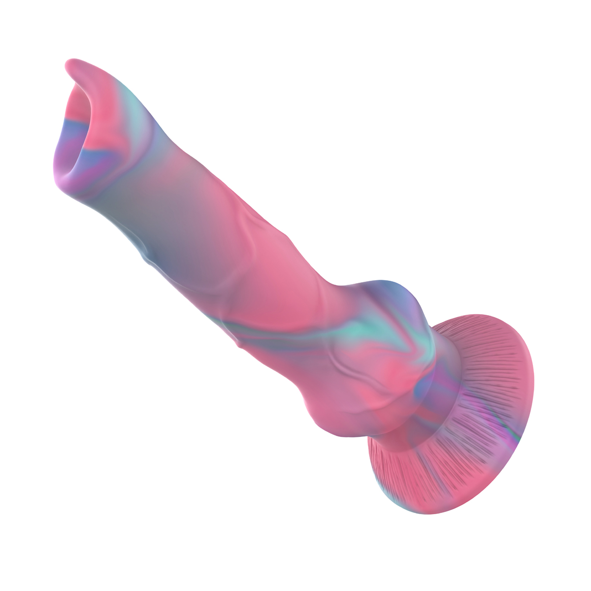 Ein Vibrator mit wirbelnden rosa und blauen Farben, schräg auf weißem Hintergrund.