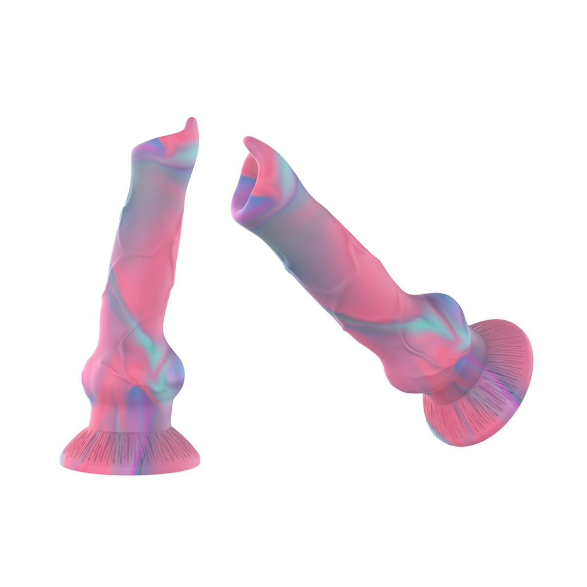 Zwei mehrfarbige Dildos in einem rosa-, blau- und lilafarbenen Wirbelmuster auf weißem Hintergrund.