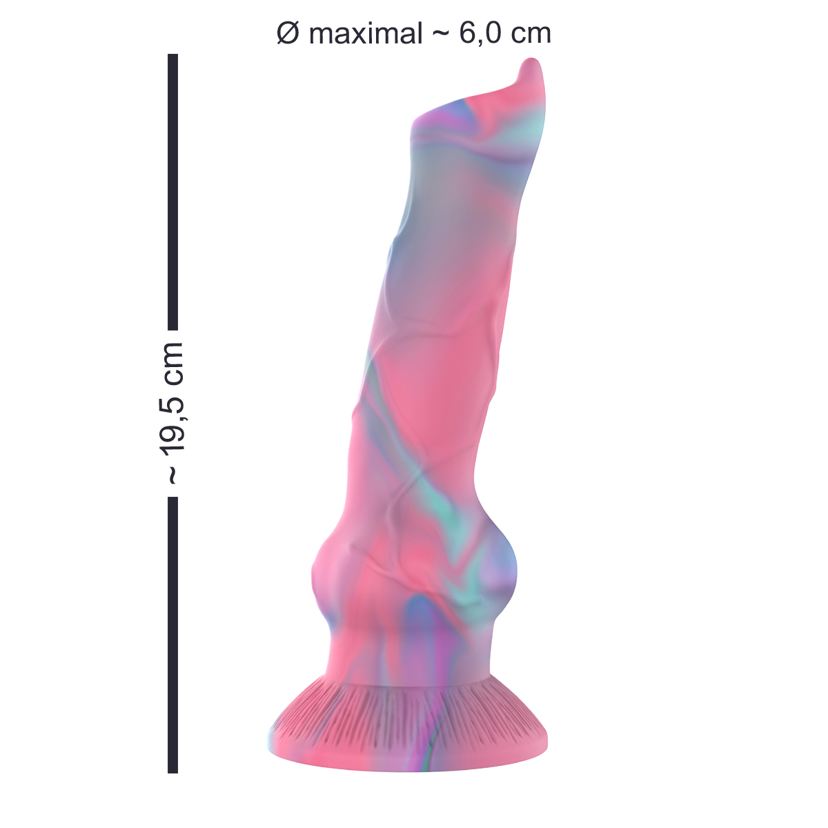 Pink, blau und weiß Dildo mit Maßen. Weißer Hintergrund.