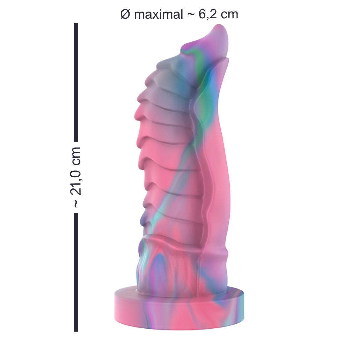 Ein farbenfroher Dildo mit strukturierter Oberfläche, vor weißem Hintergrund mit cm-Angaben gezeigt.