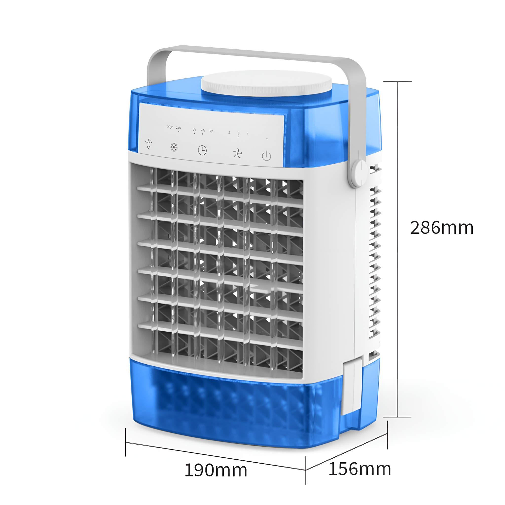 Ein blau-weißer tragbarer Luftkühler. Er hat in Millimetern beschriftete Abmessungen.