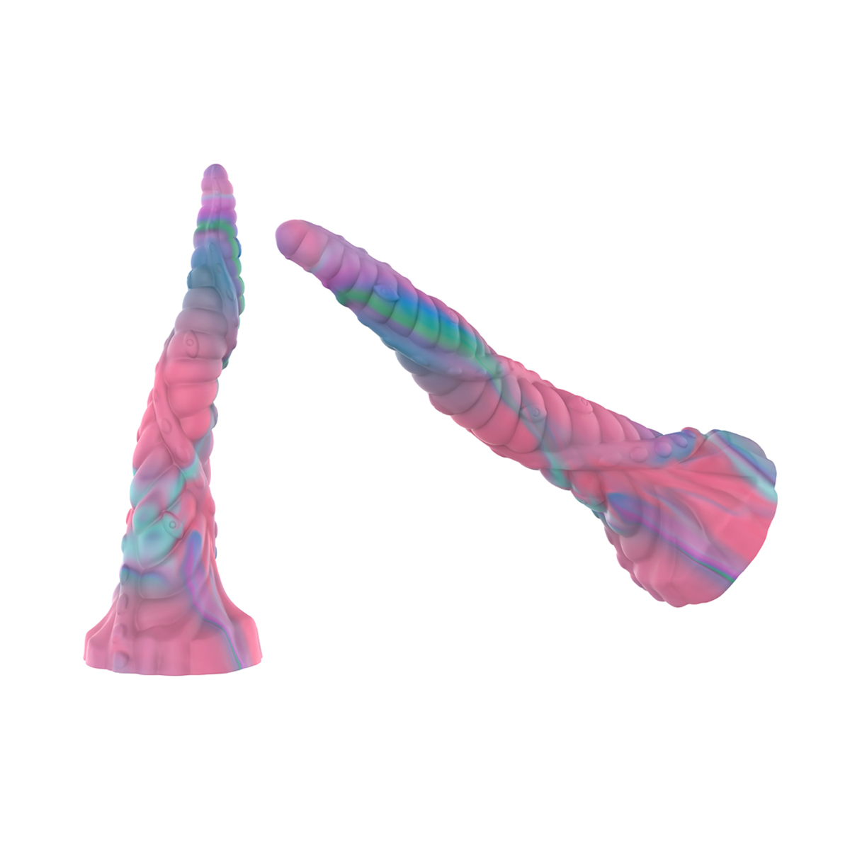 Zwei Vibratoren in Form eines Einhornhorns, mit rosa, blau und lila Farben.