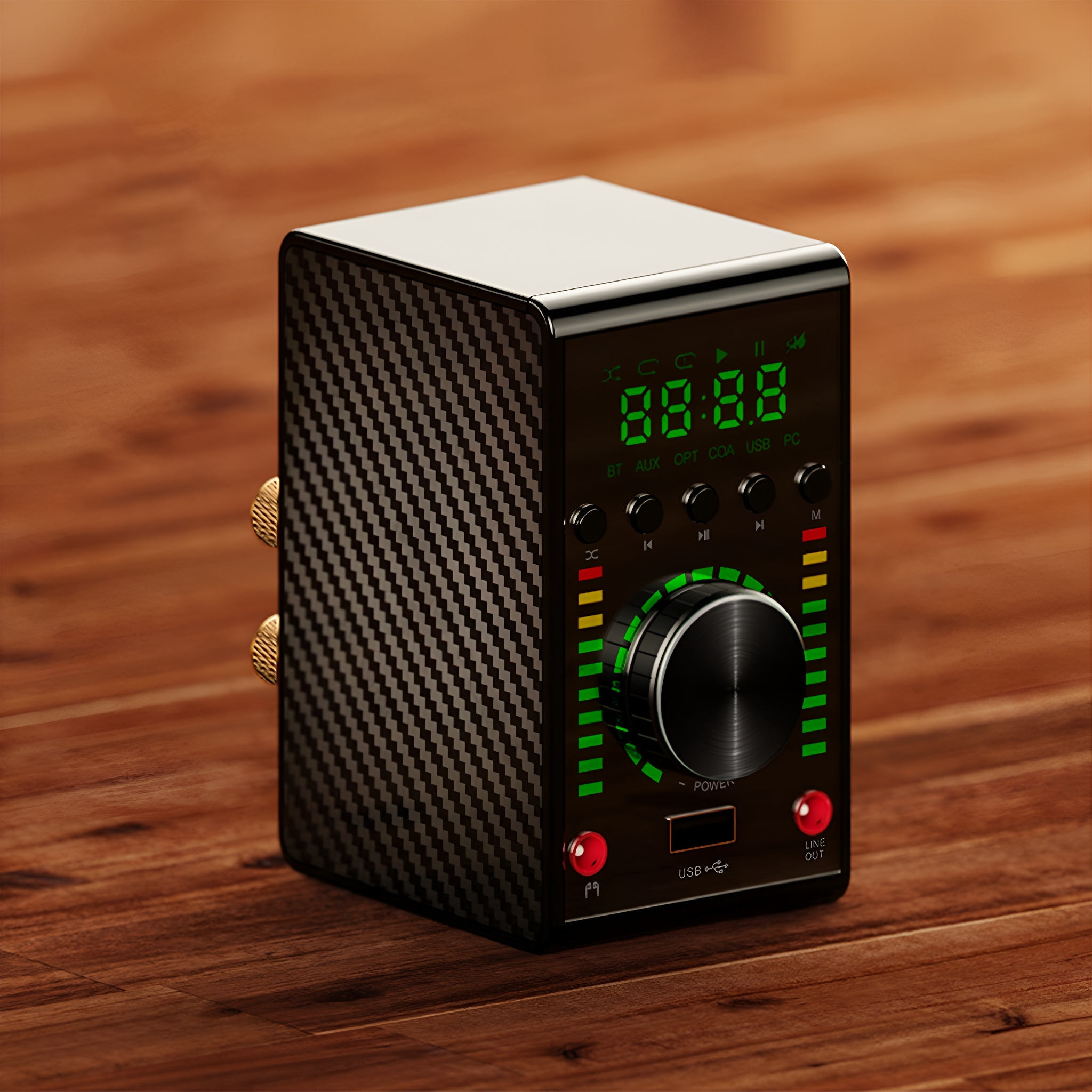 Schwarzes Audio-Gerät mit Carbonfaser, Display und Knöpfen auf Holzoberfläche.