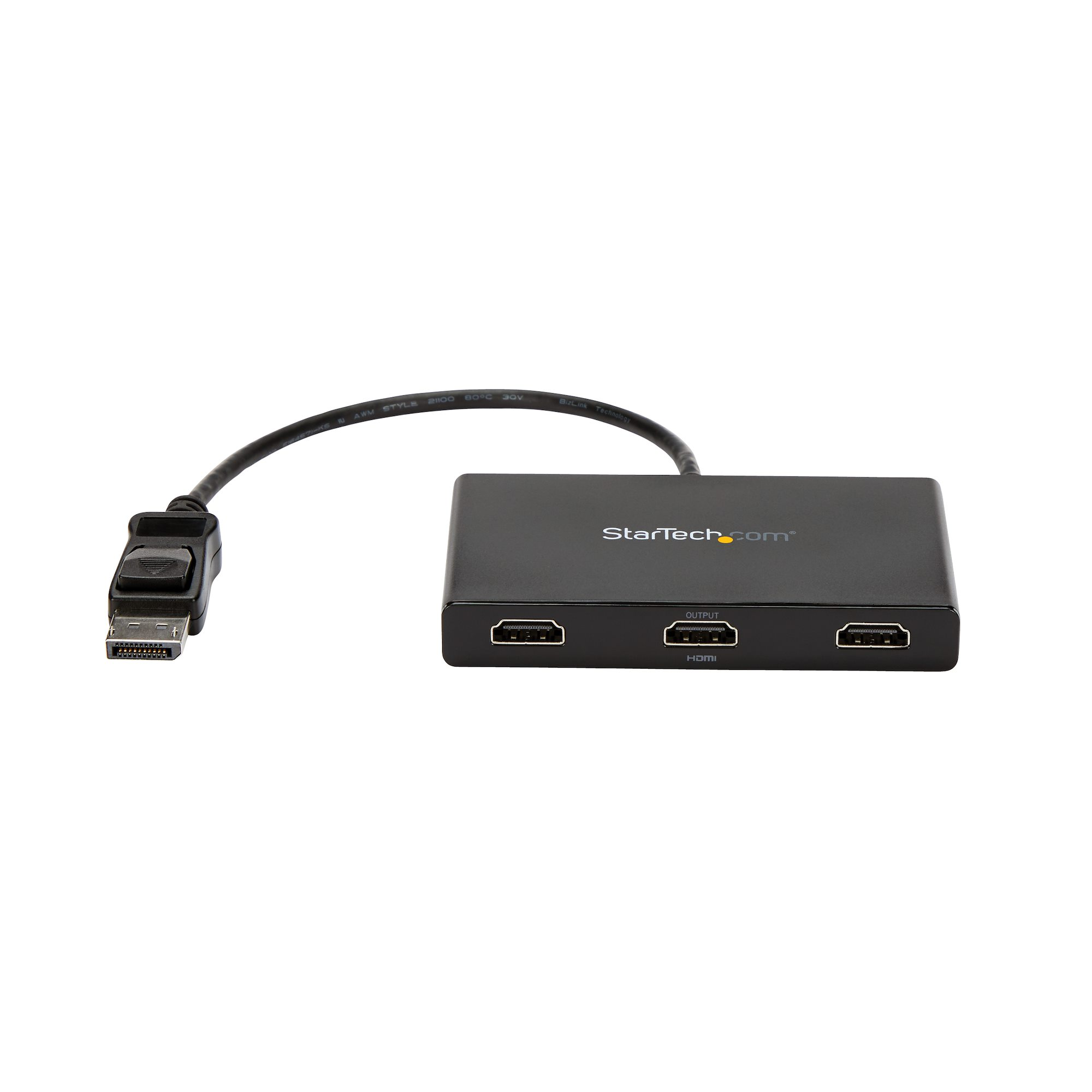 Adaptador StarTech negro con entrada DP y salidas HDMI, con cable adjunto.