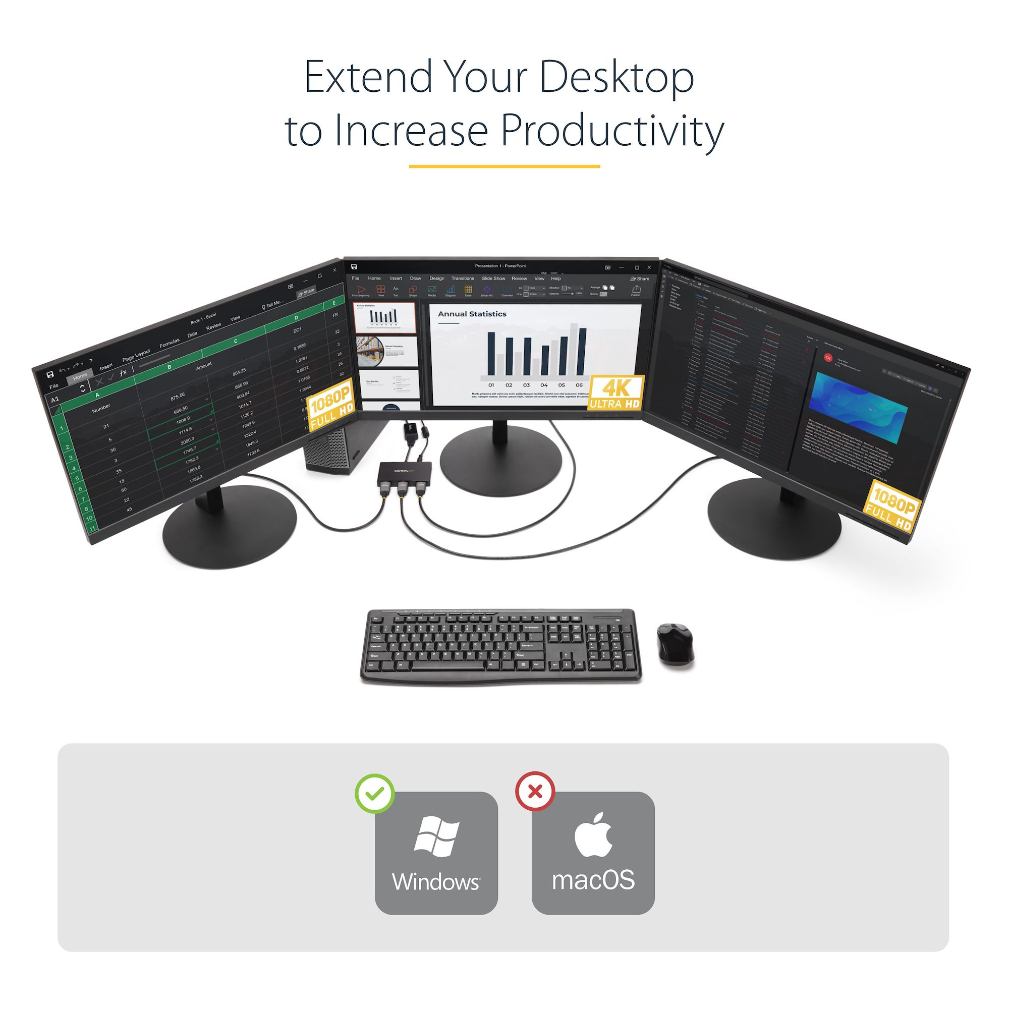Tres monitores de computadora muestran diferentes datos. Teclado y ratón debajo.