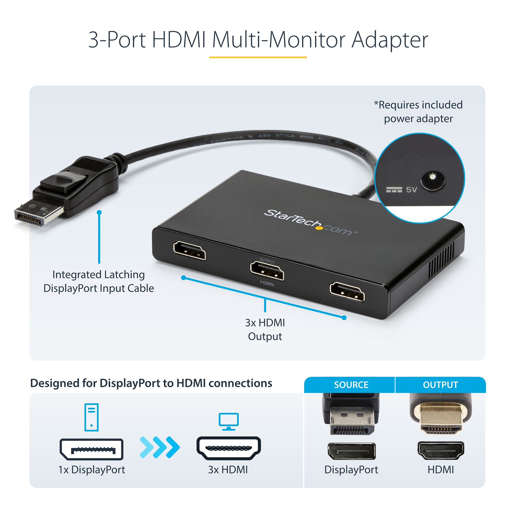 Adaptador Multi-Monitor HDMI de 3 puertos con cable de entrada DisplayPort y 3 salidas HDMI.