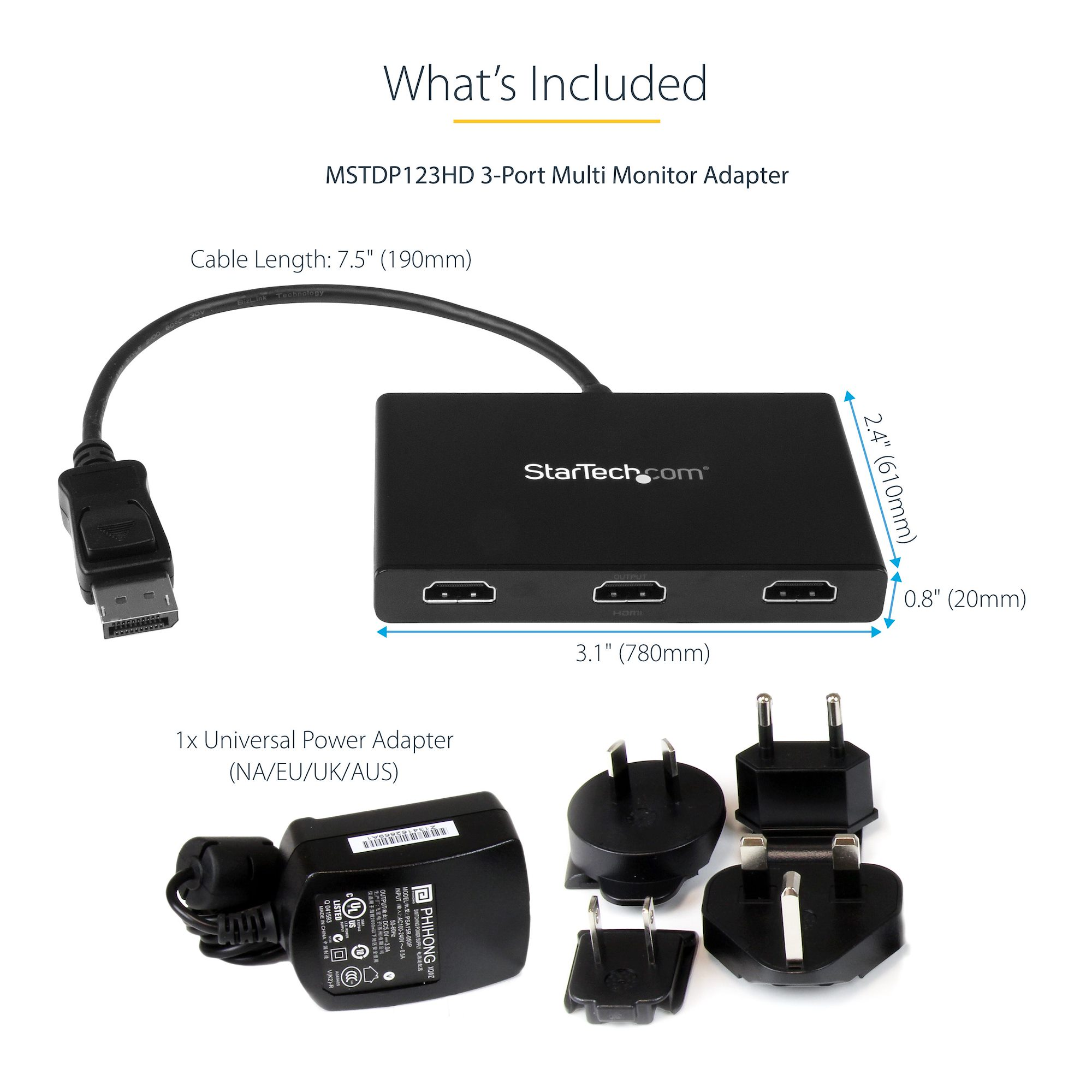 Adaptador negro con múltiples enchufes y cable. Texto incluye dimensiones y nombre de la marca.