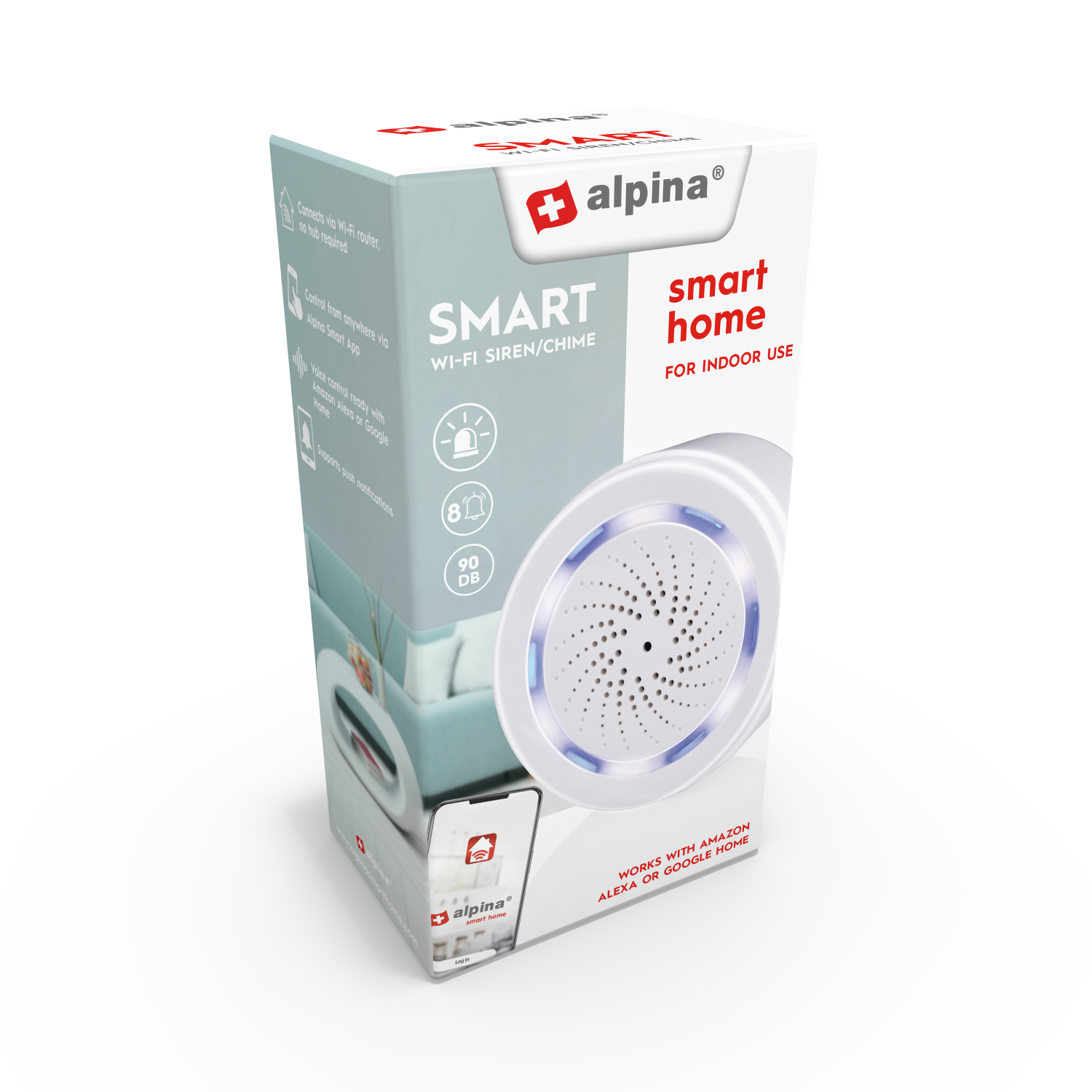Weiße und rote Smart-Home-Gerätebox. Die Box hat Text und Bilder darauf.