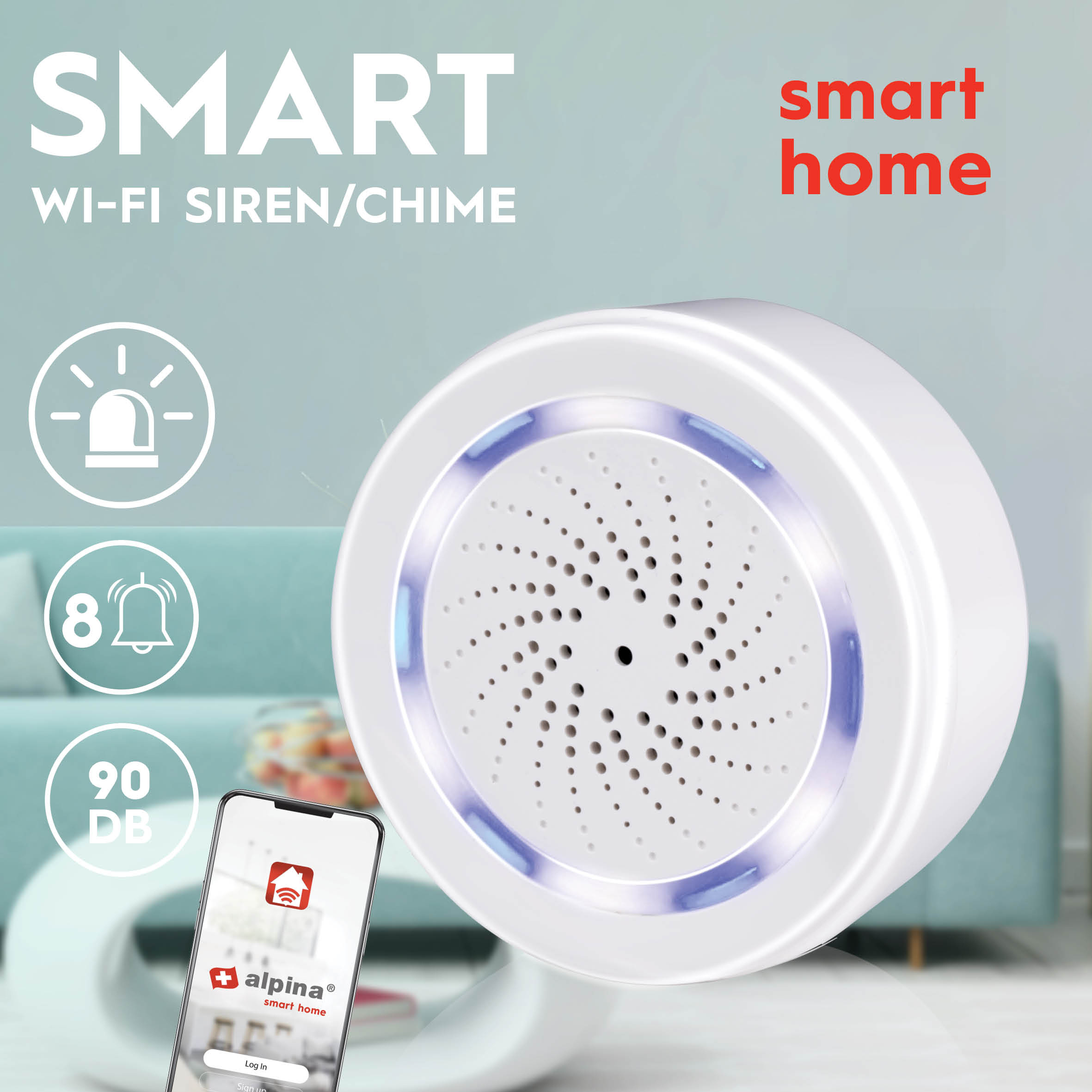 Weiße Smart Home Sirene mit blauem Lichtring, Icons und Smartphone mit App.