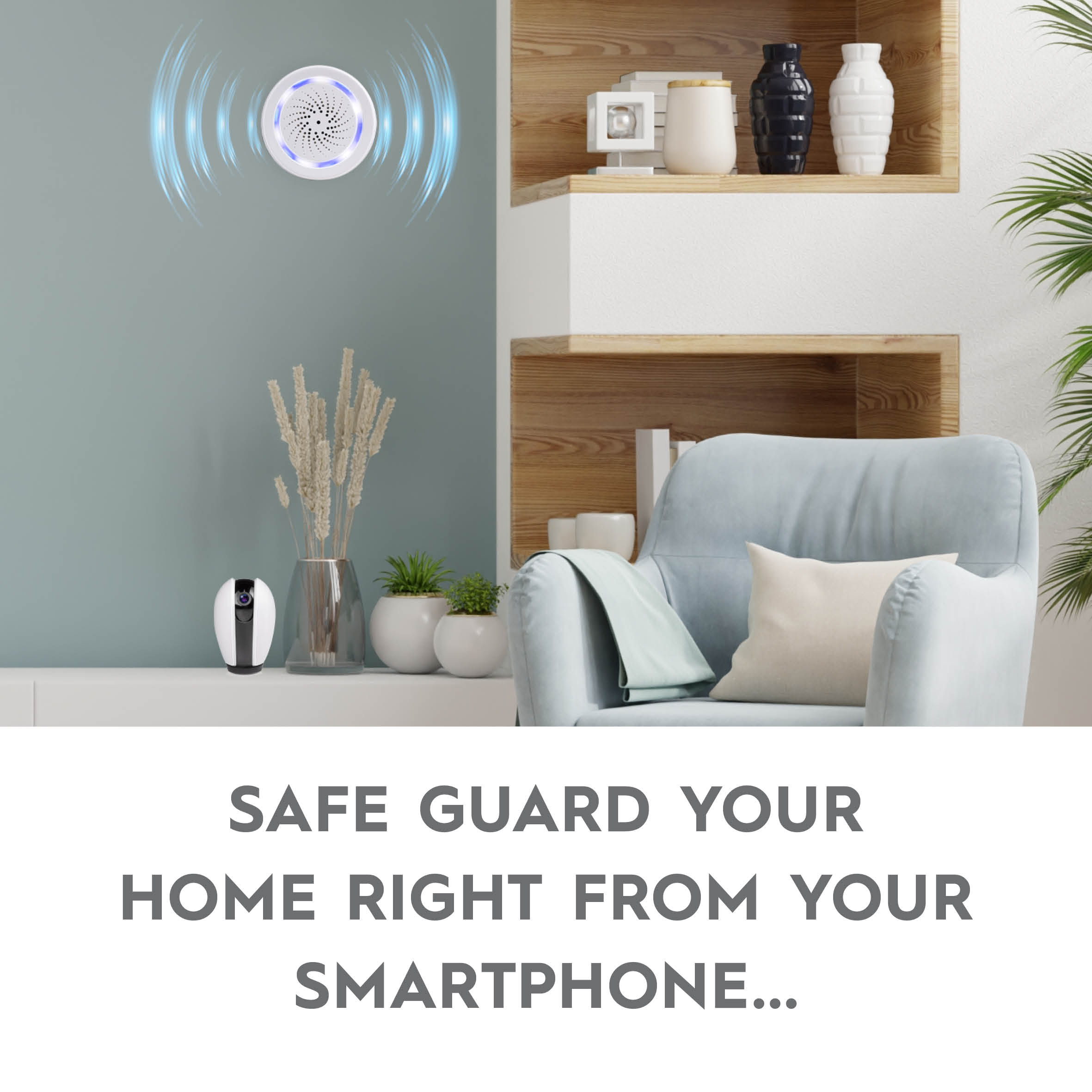 Werbung für Smart-Home-Sicherheit mit Sensor, Stuhl, Pflanzen und Text.