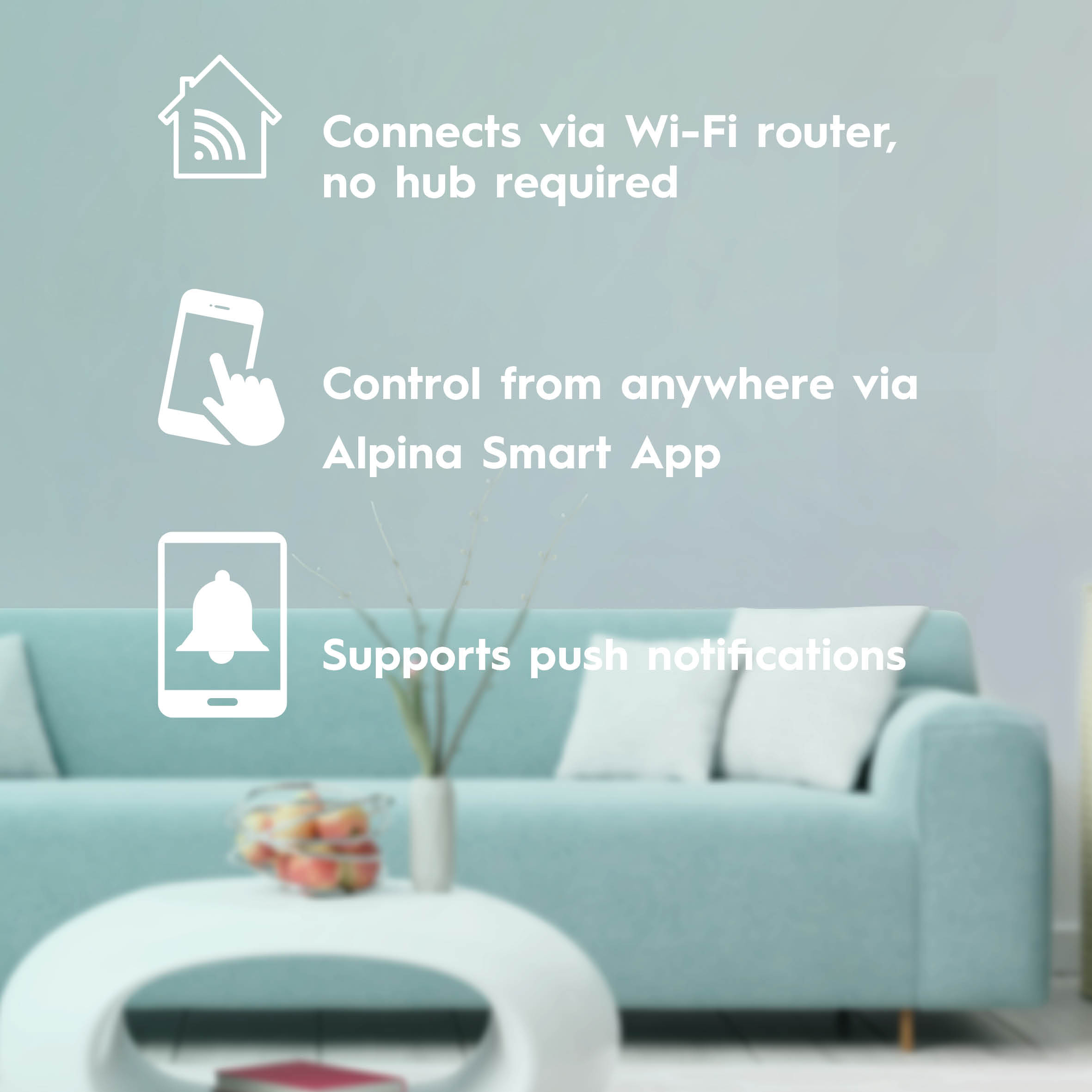 Weiße Symbole für Smart-Home-Funktionen auf verschwommenem Hintergrund. Eine Vase und ein Sofa sind sichtbar.