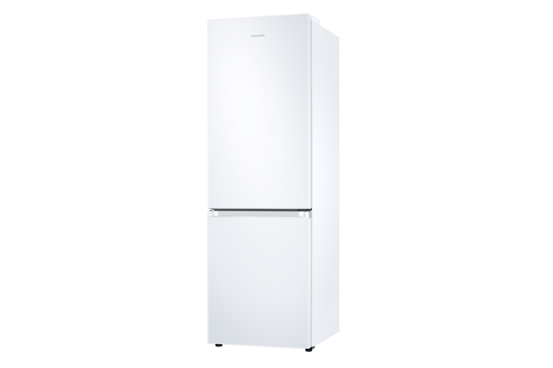 Ein weißer Kühlschrank auf schwarzem Hintergrund. Er hat zwei Türen und ein schlichtes Design.