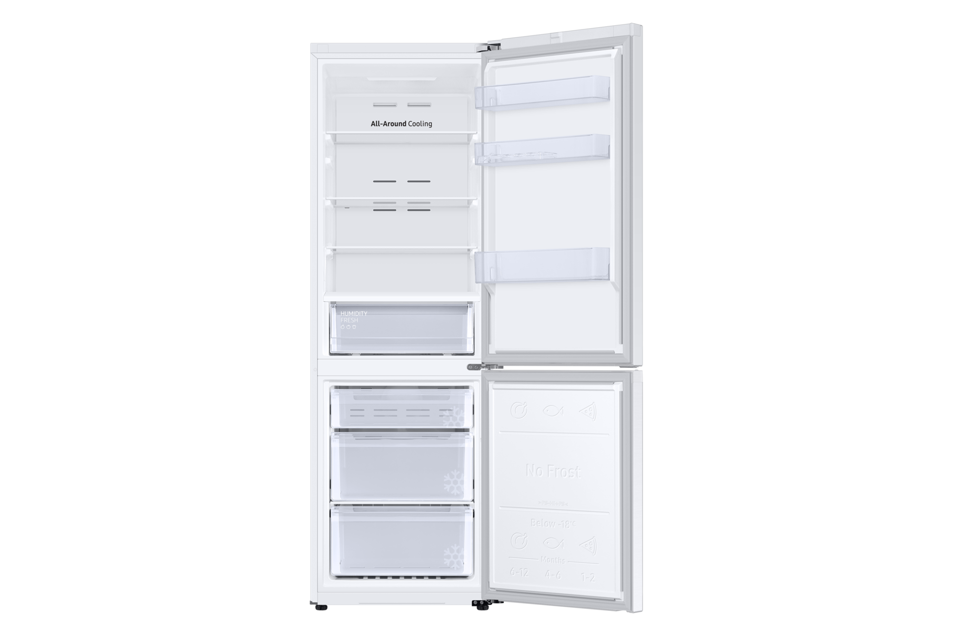 Weißer Kühlschrank mit geöffneten Türen, Innenansicht.
