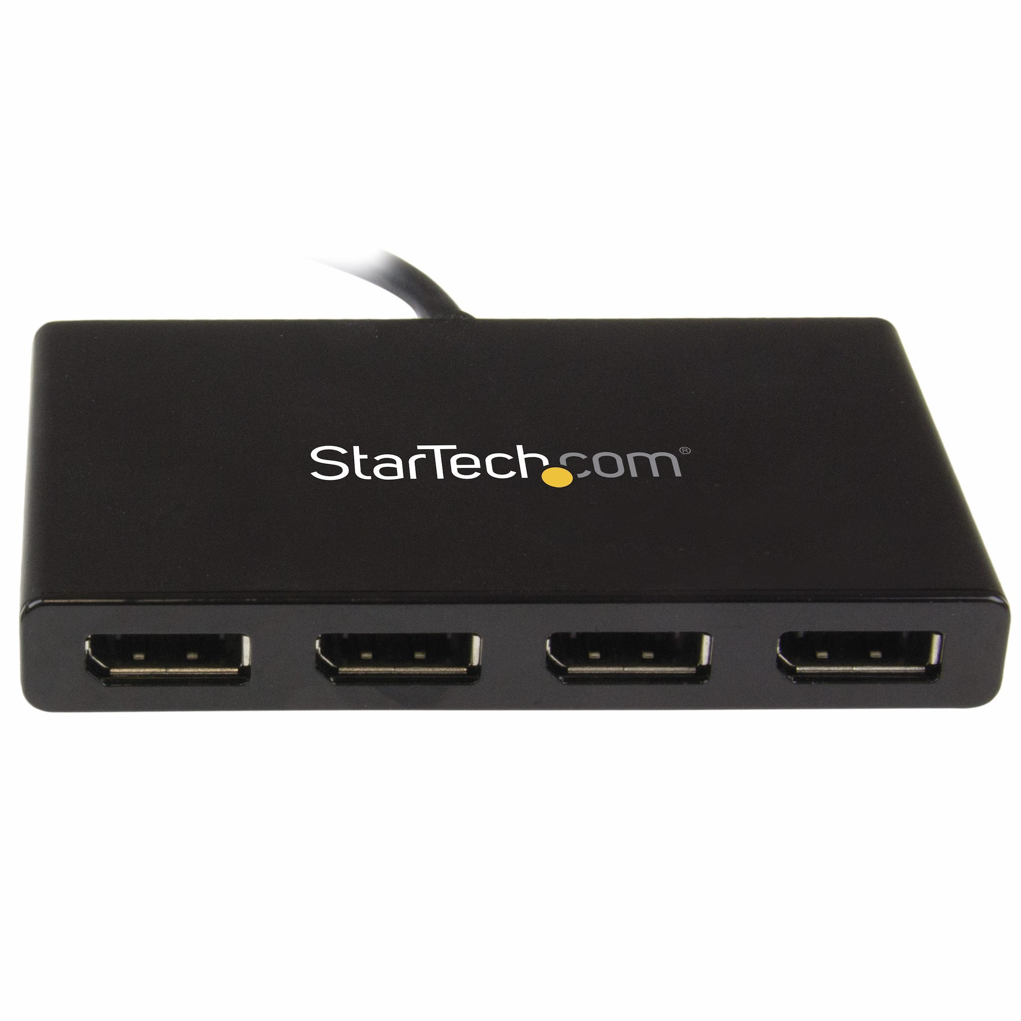 Un concentrador negro con cuatro puertos HDMI y el logo de StarTech.com.