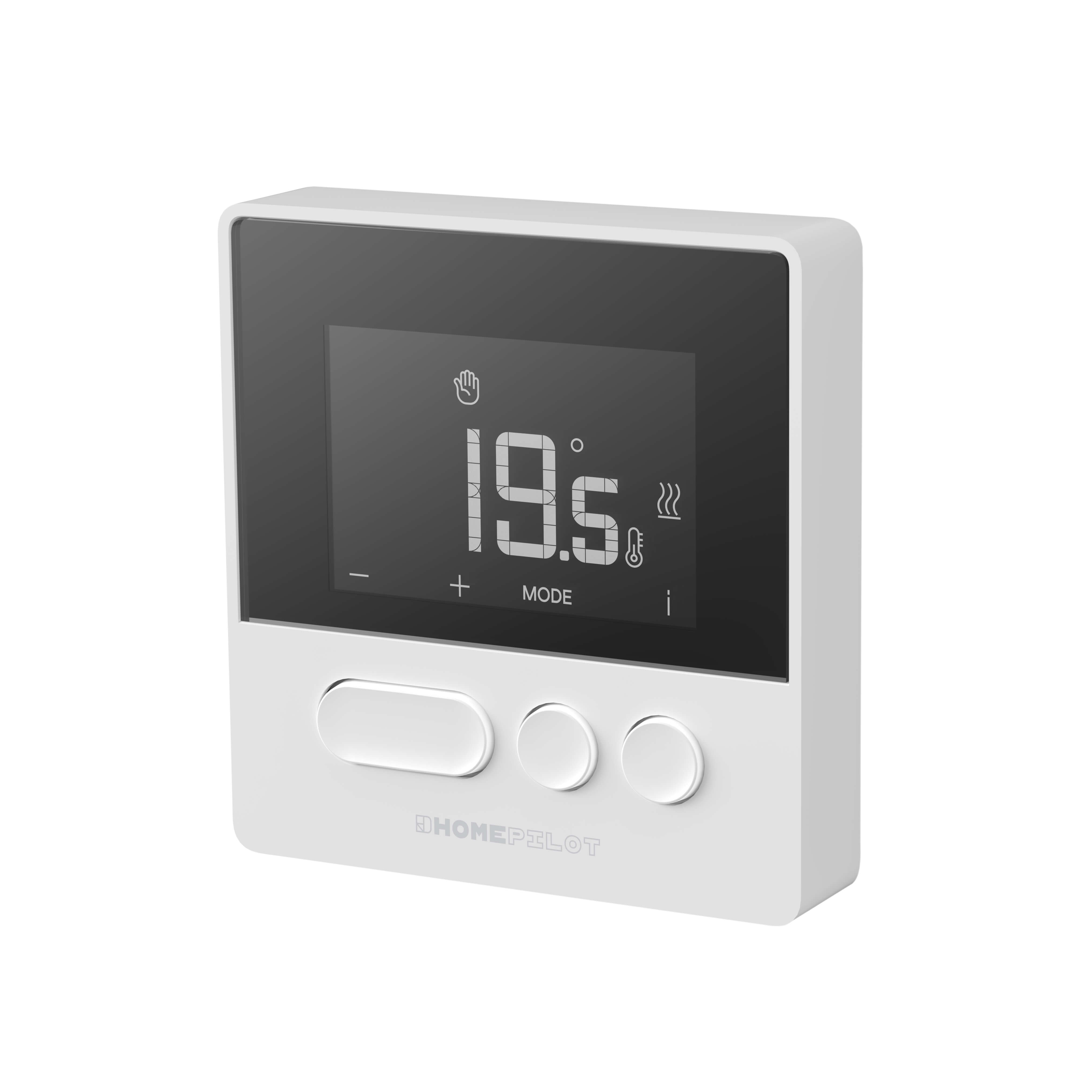 Ein weißer HomePilot-Thermostat mit Digitalanzeige.
