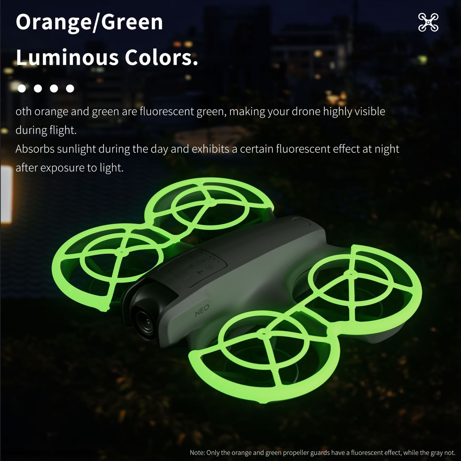 Drohne mit grünen Propellerschutzvorrichtungen und Nachtszene, fluoreszierende Farben.