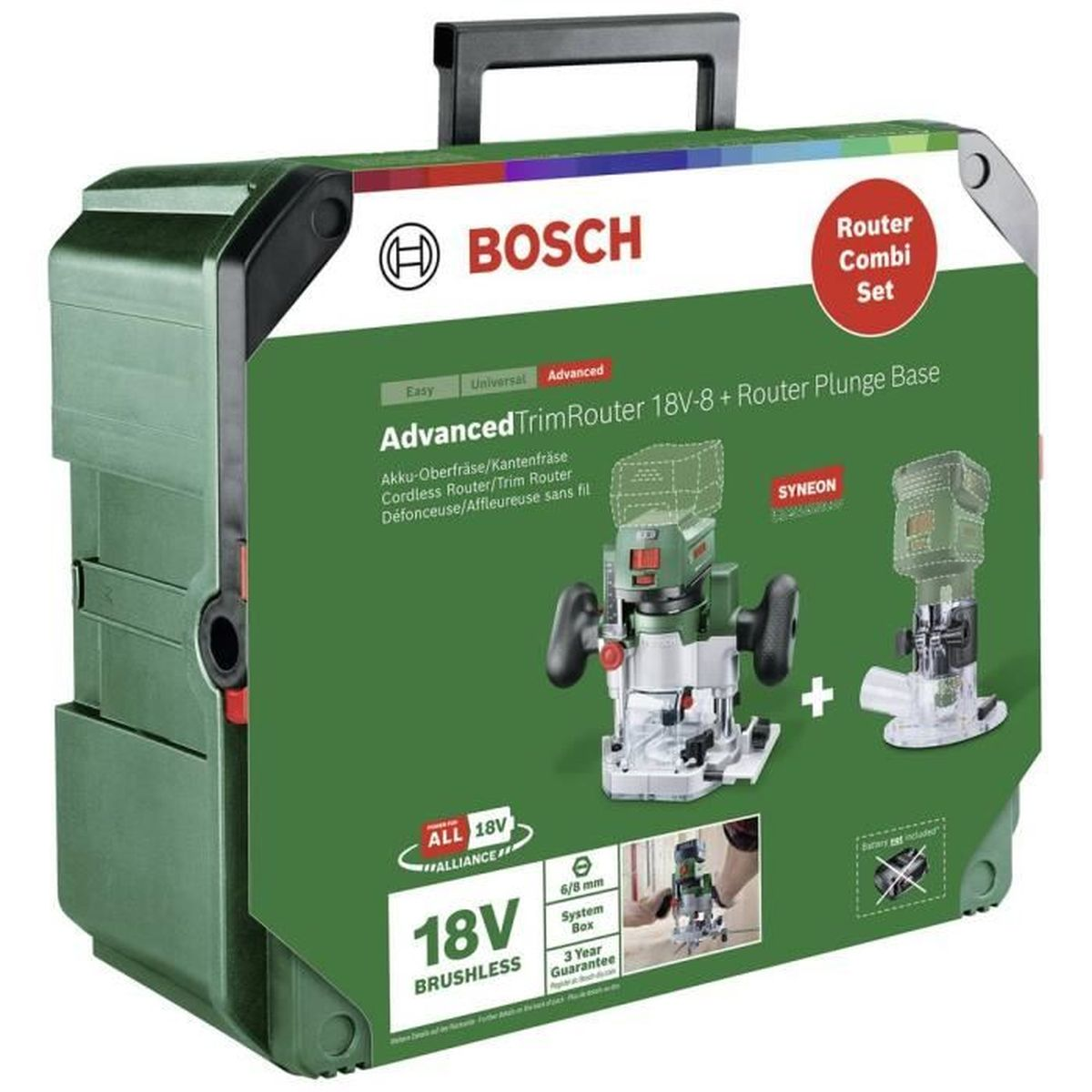 Mallette à outils Bosch verte avec une défonceuse et une base plongeante, avec technologie sans balais 18V.