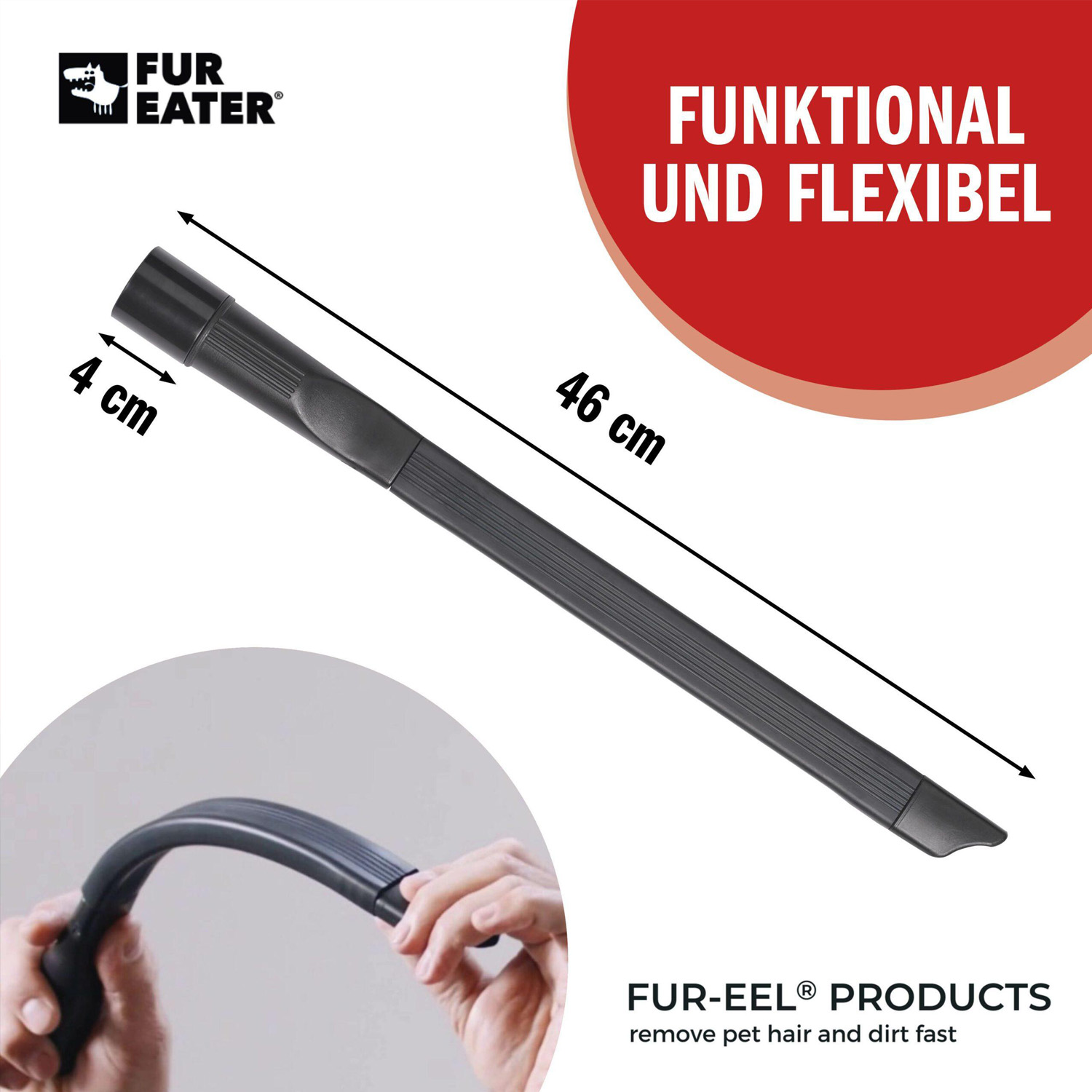 Un accessorio per aspirapolvere Fur-Eel nero. È un ugello lungo e curvo con dimensioni. Il testo sull'immagine è in tedesco.