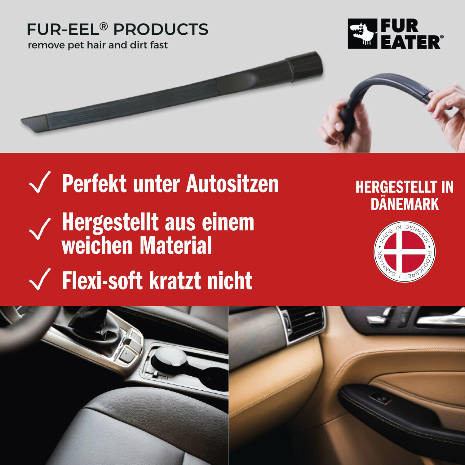 Accessorio per aspirapolvere e testo, con immagini di interni auto. Il testo menziona la pulizia dei peli di animali.