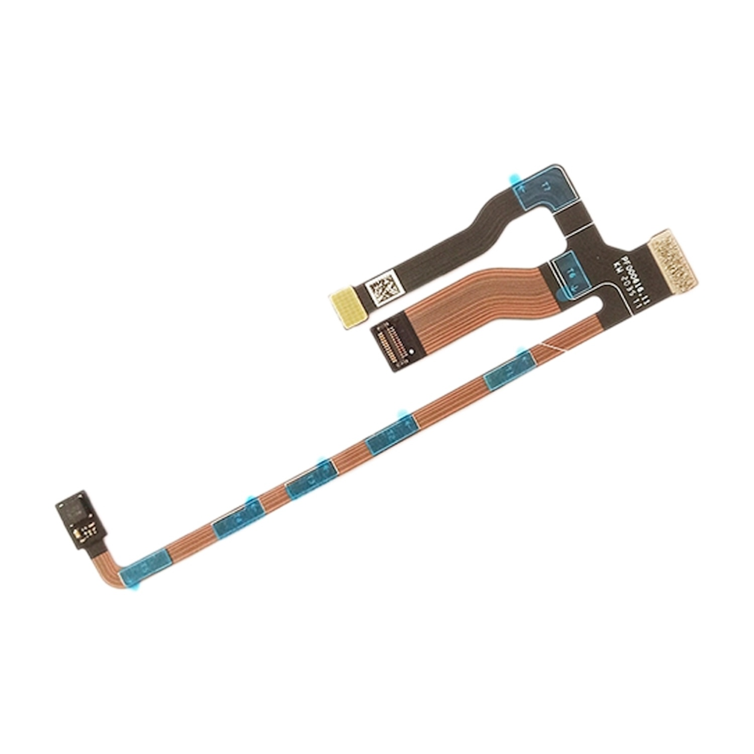 Flexible Flachbandkabel auf weißer Oberfläche. Schwarz und braun mit Steckern. Isoliert auf weißem Hintergrund.