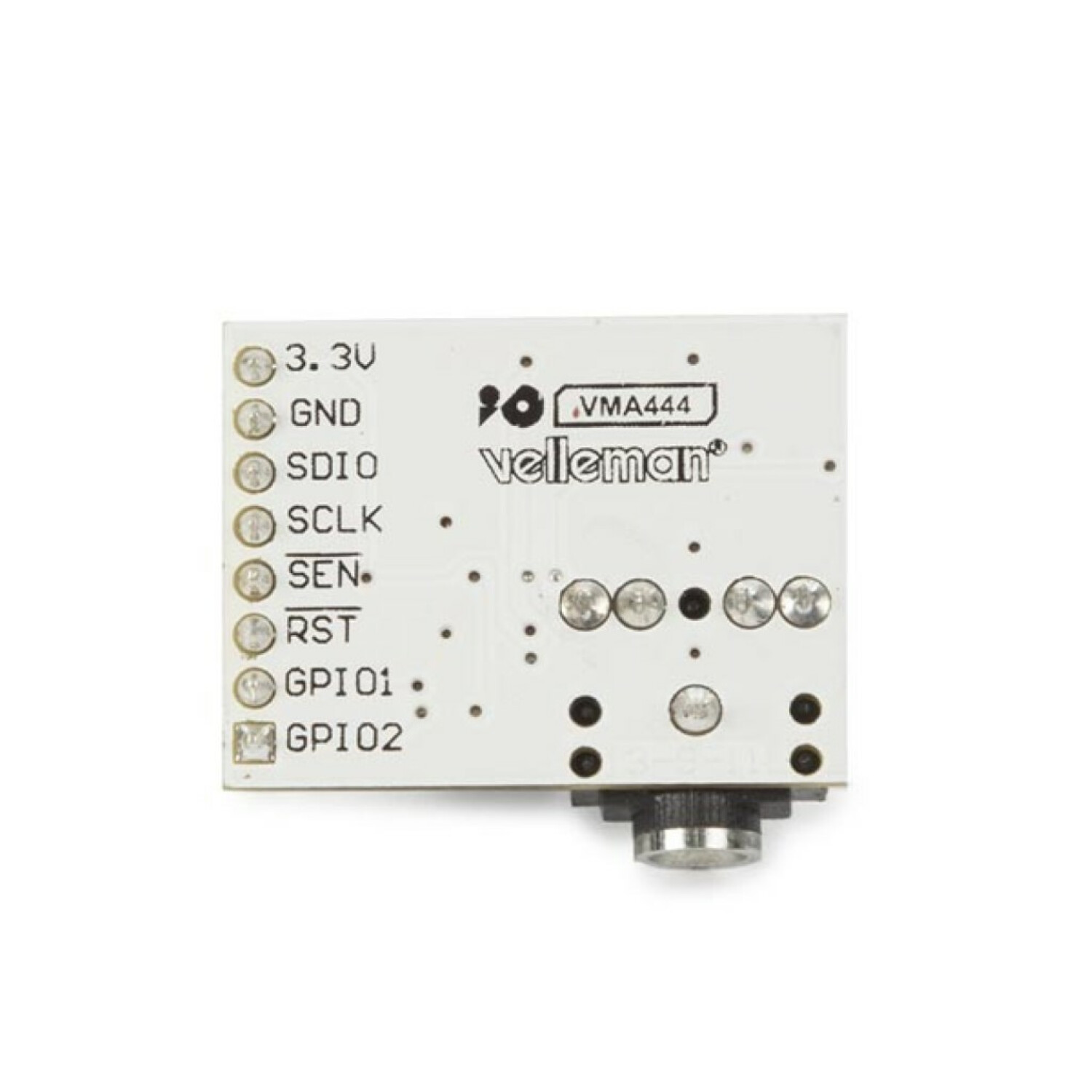 Una piccola scheda a circuito stampato bianca con vari punti di connessione e un jack.