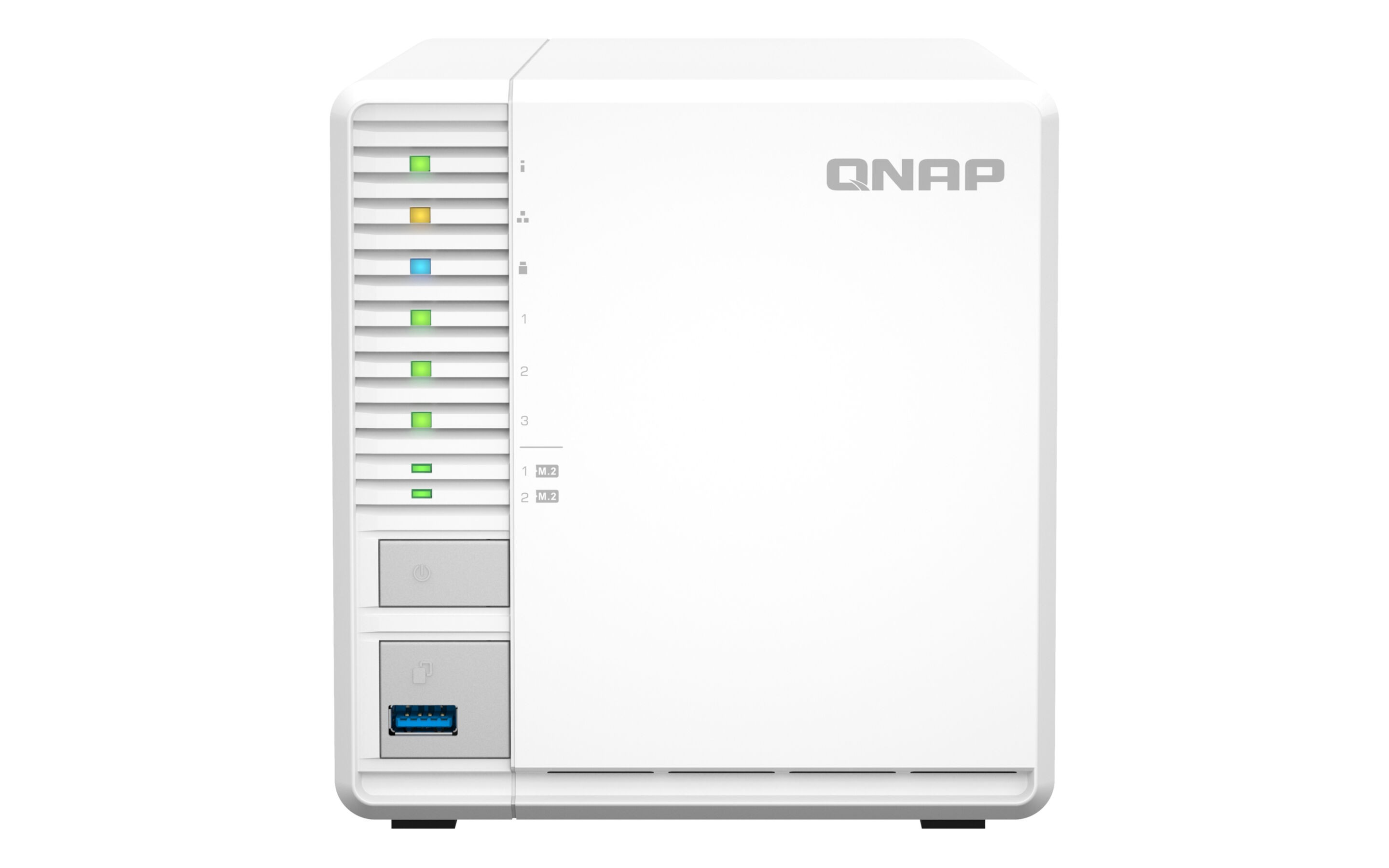 Un dispositivo NAS QNAP bianco con spie, porta USB e pulsante di accensione.