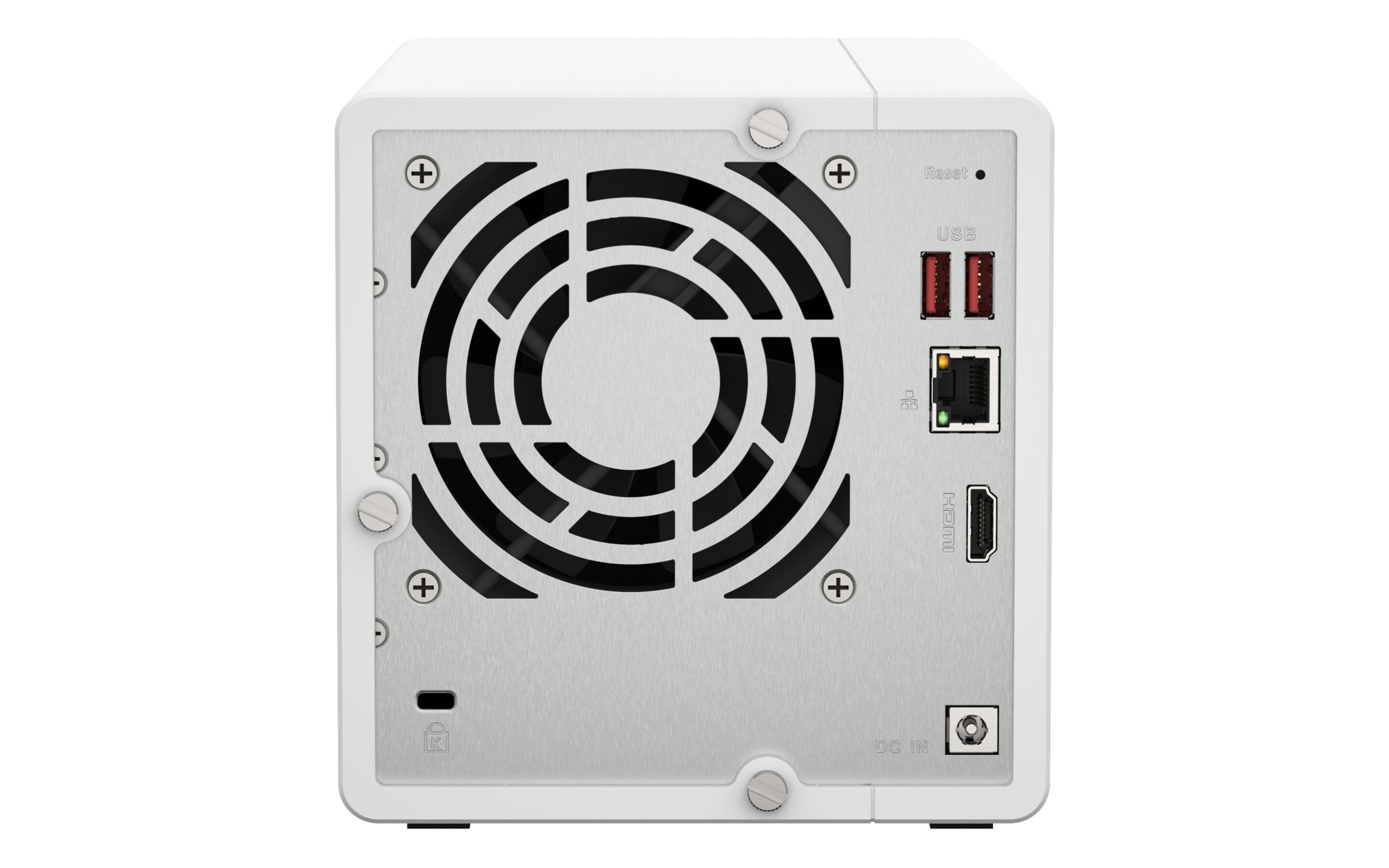 Vista posteriore di un enclosure NAS bianco con ventola, porte USB, LAN e HDMI.