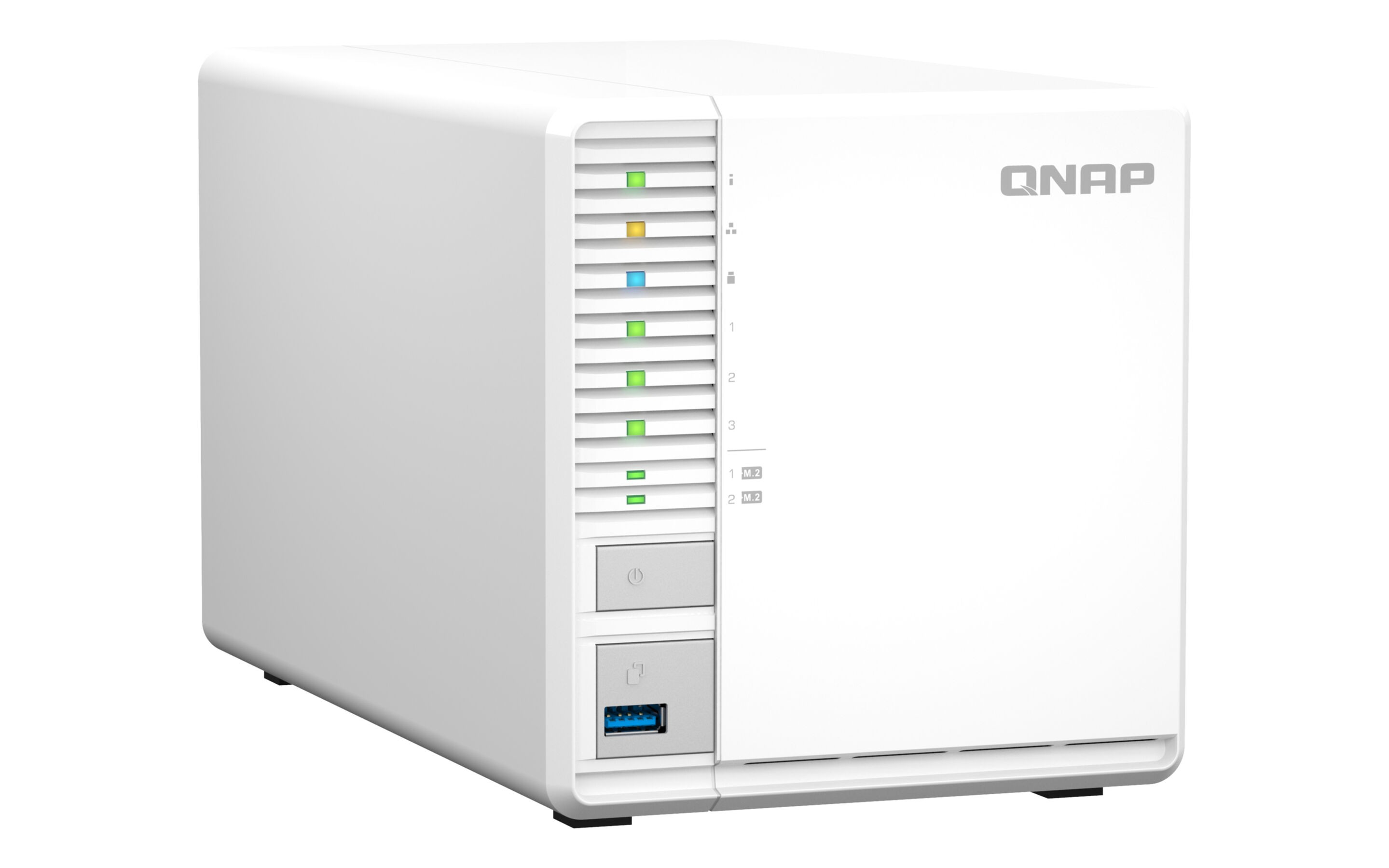 Un dispositivo NAS QNAP bianco con fessure di ventilazione e luci.