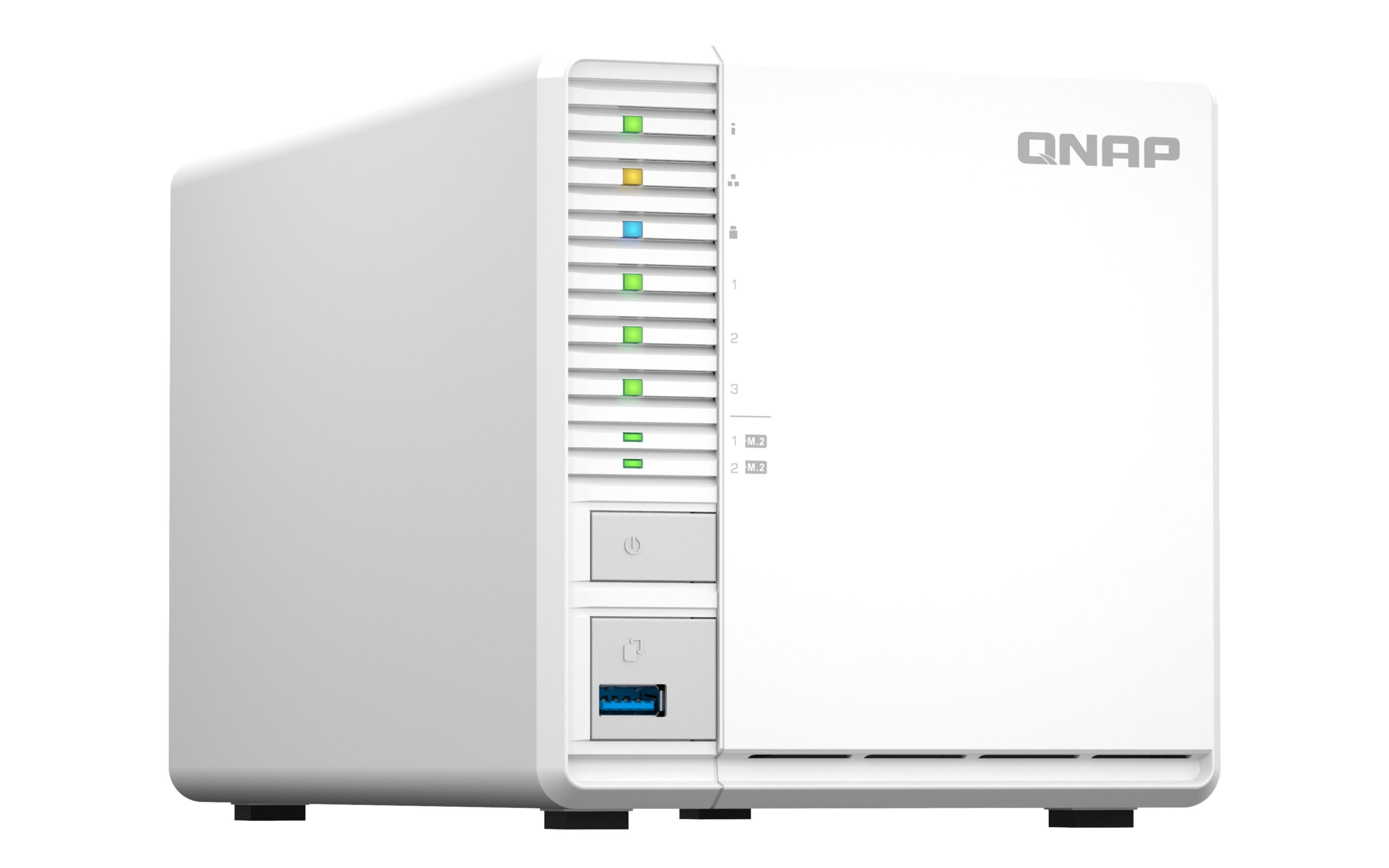 Un dispositivo NAS QNAP bianco con prese d'aria, LED e porta USB.