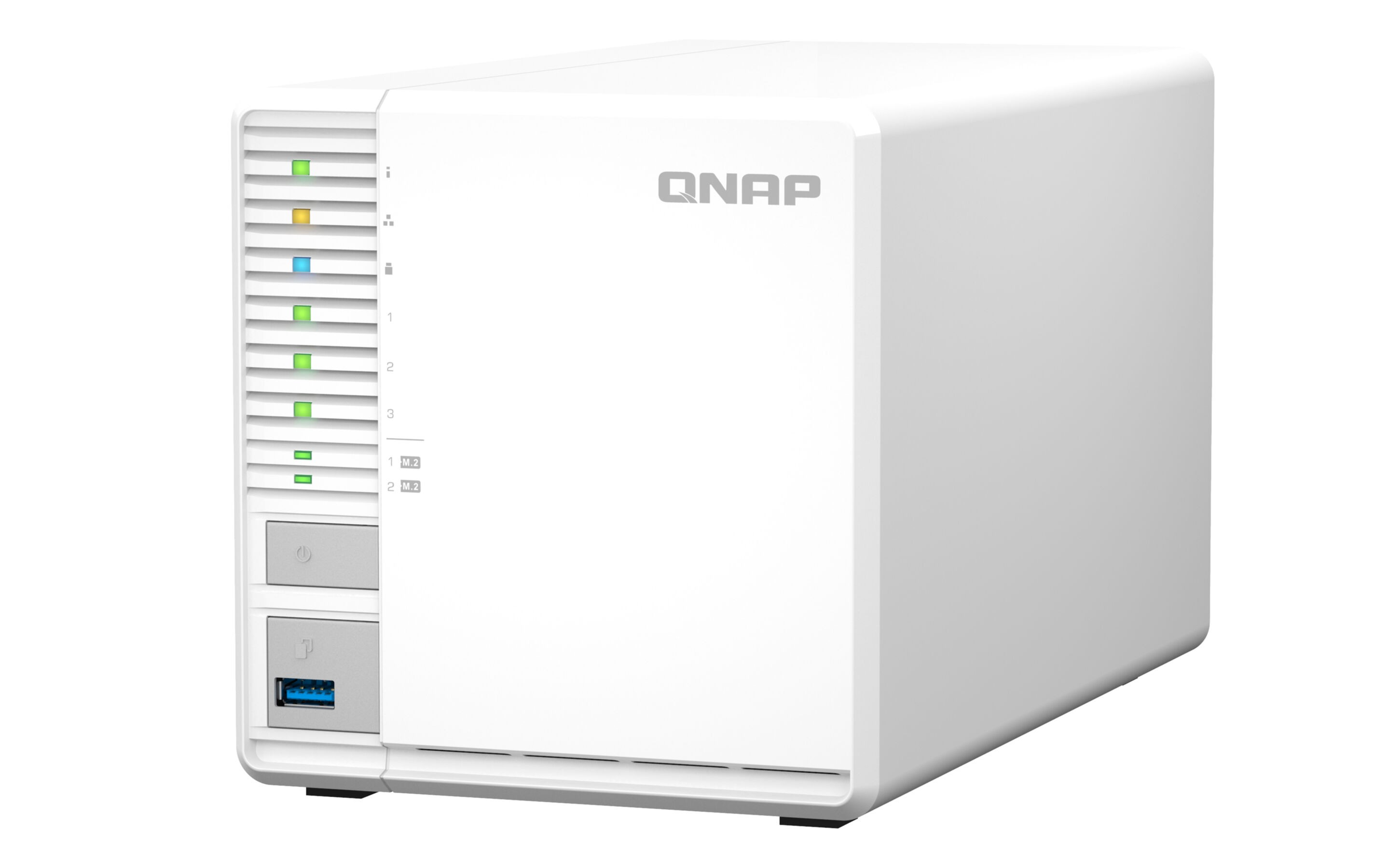 Un dispositivo NAS QNAP bianco con prese d'aria e spie.
