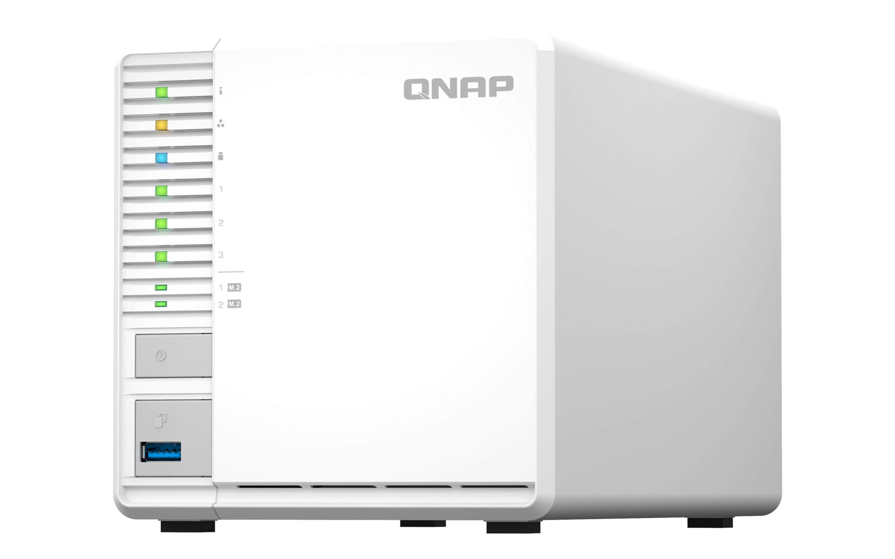 Un dispositivo NAS QNAP bianco con prese d'aria, luci e porta USB.