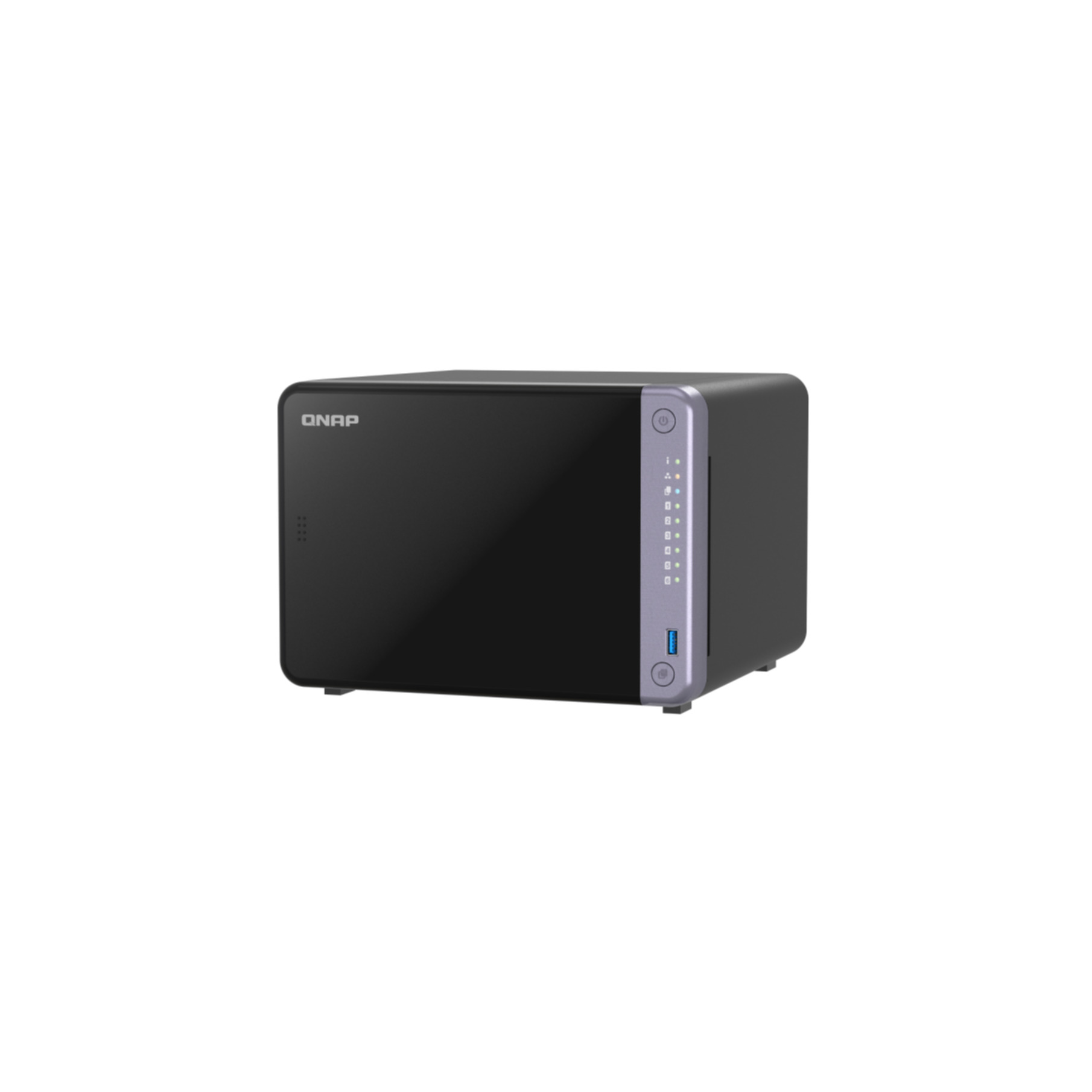 Dispositivo NAS nero con accenti argentati, logo QNAP e porta USB.