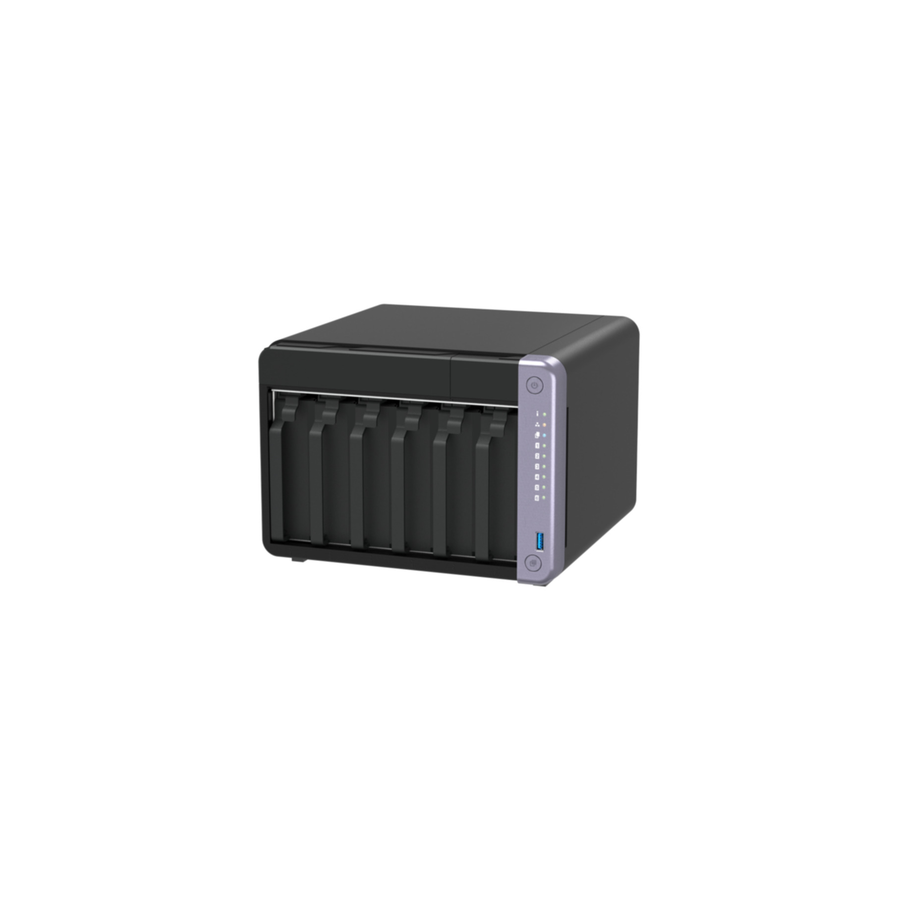 Un dispositivo NAS nero con otto alloggiamenti e una porta USB.