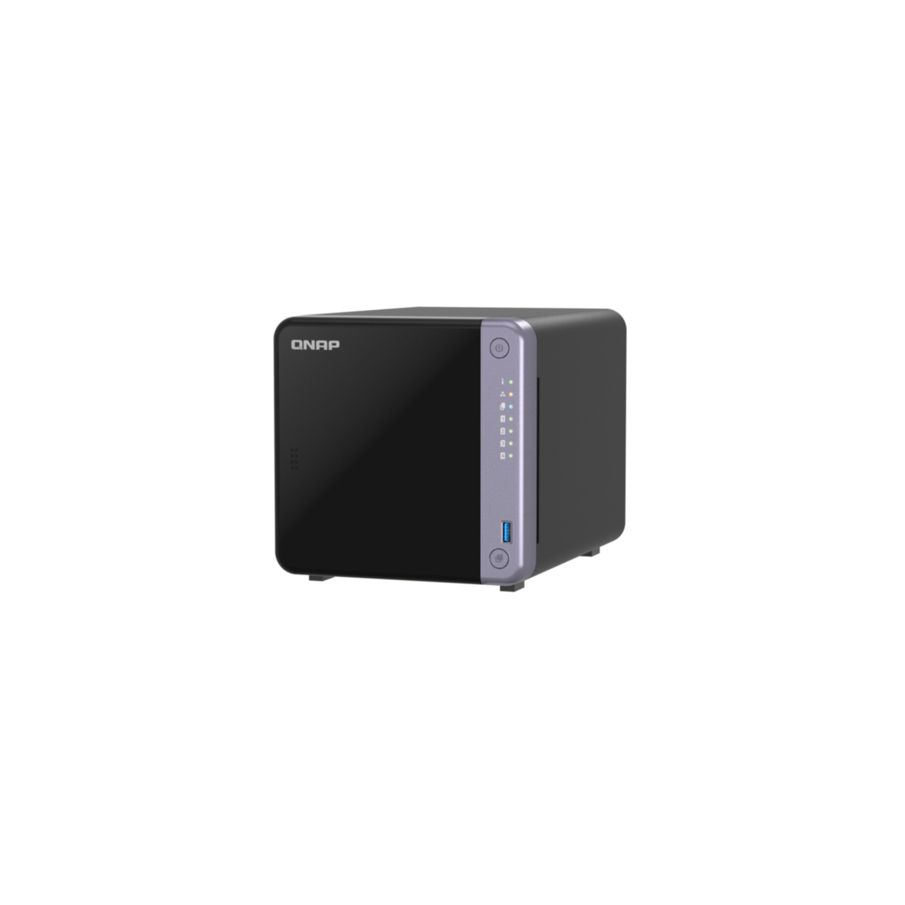 Un dispositivo NAS QNAP nero. Ha un pulsante di accensione, spie di stato e una porta USB. Lo sfondo è bianco.