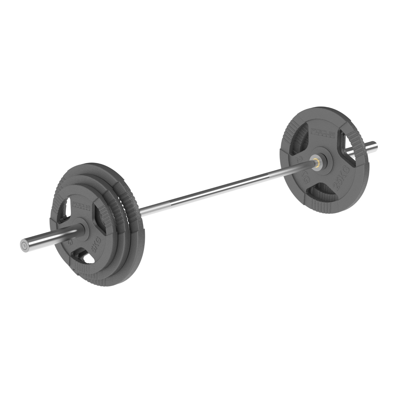 A barbell with weights on each side, in a studio setting.