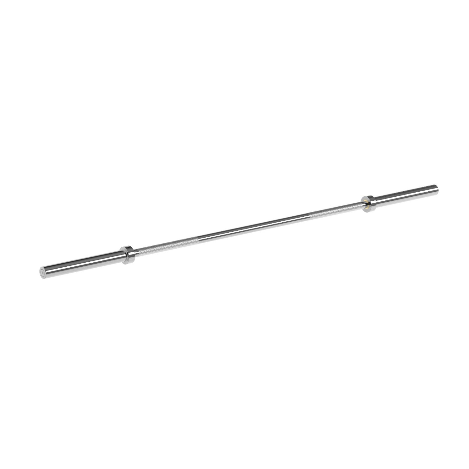 A straight, silver barbell lies on a white background. It has textured grips in the center.