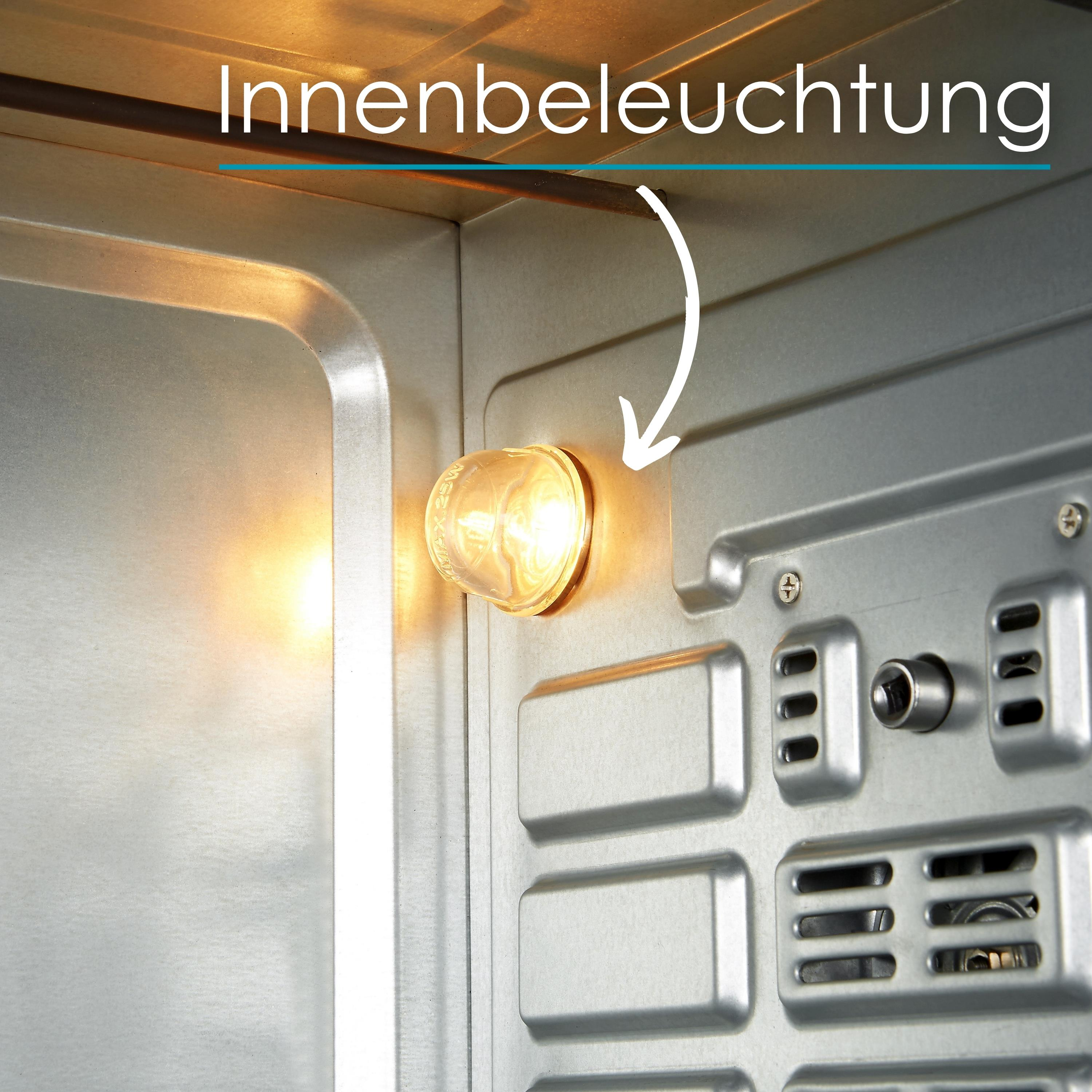 Innenansicht eines Ofens mit einer leuchtenden Glühbirne.