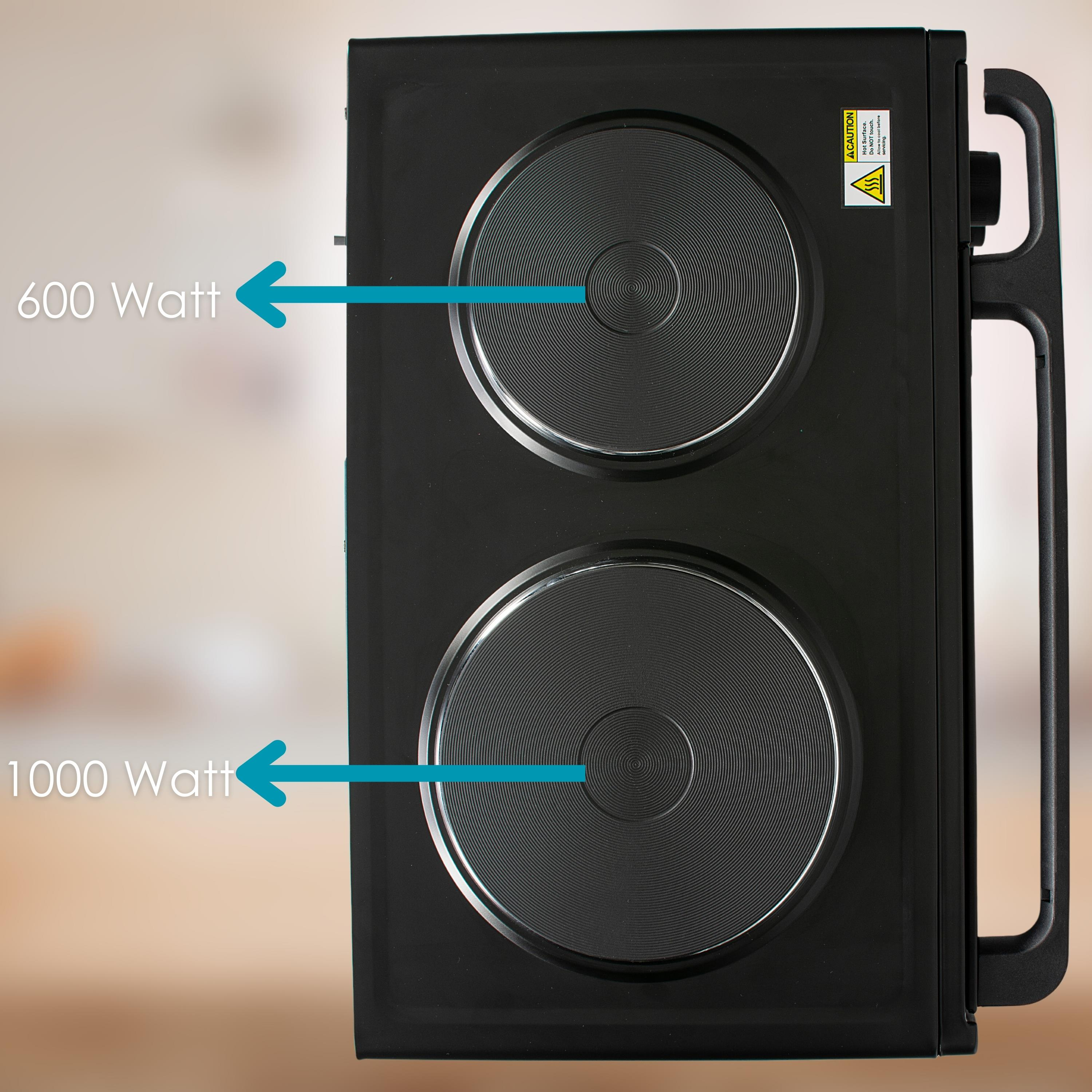 Eine schwarze Doppelkochplatte. Links 600 Watt, rechts 1000 Watt. Pfeile zeigen auf die Platten.