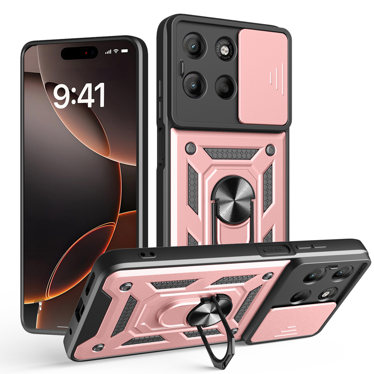 Un étui de téléphone rose et noir avec trois téléphones.