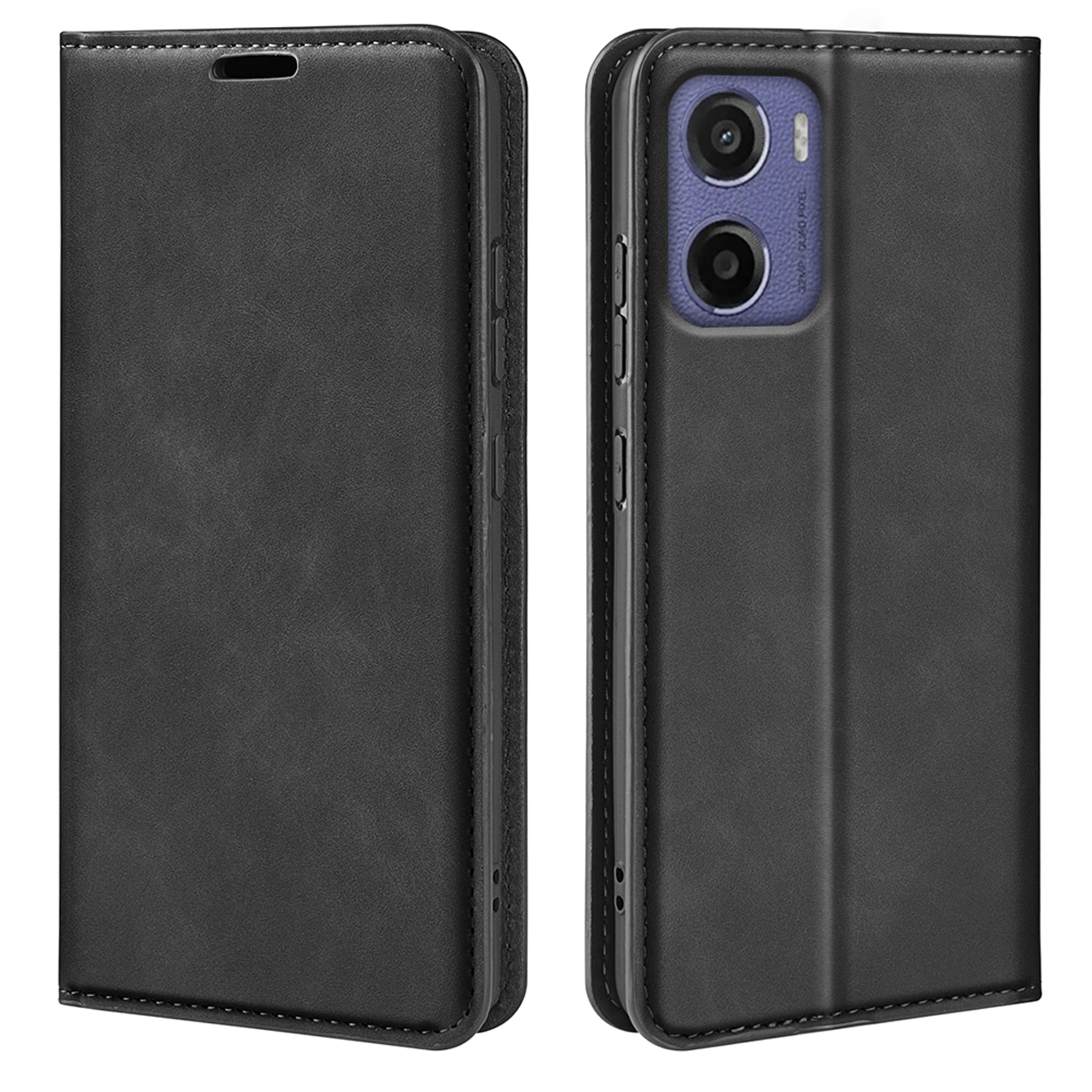 Een zwarte telefoonhoes, gesloten en open, met een telefoon met dubbele camera's.