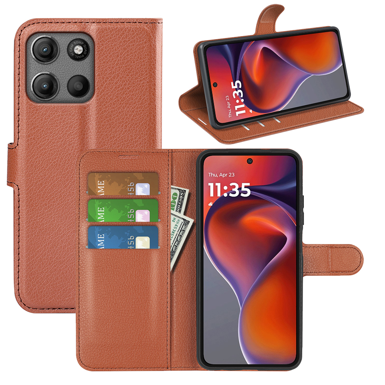 A brown phone case with a phone inside. The phone shows the time 11:35. Credit cards and money are inside.