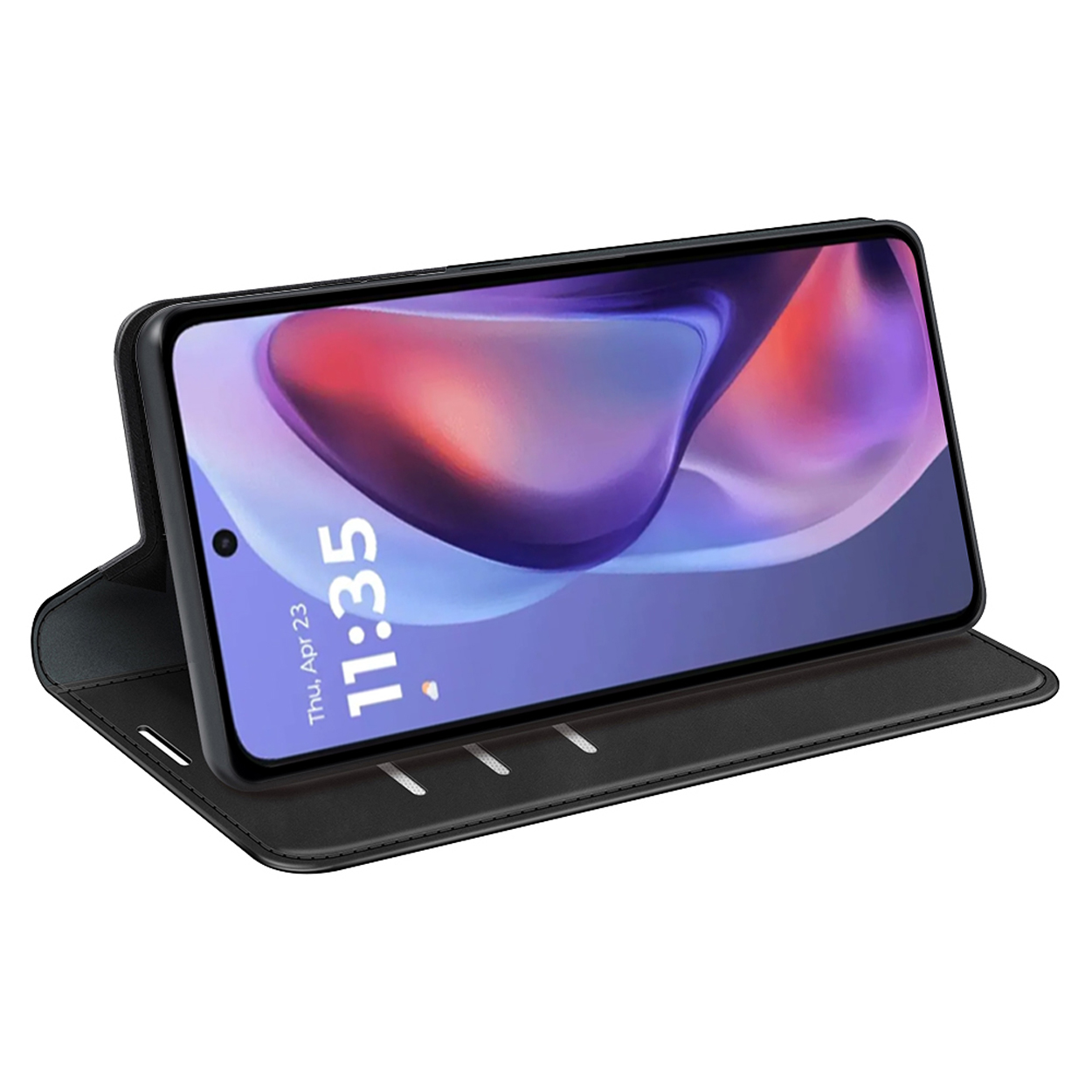 Smartphone in een zwarte hoes. Het scherm toont de tijd: 11:35. Zwarte hoes met een flap.