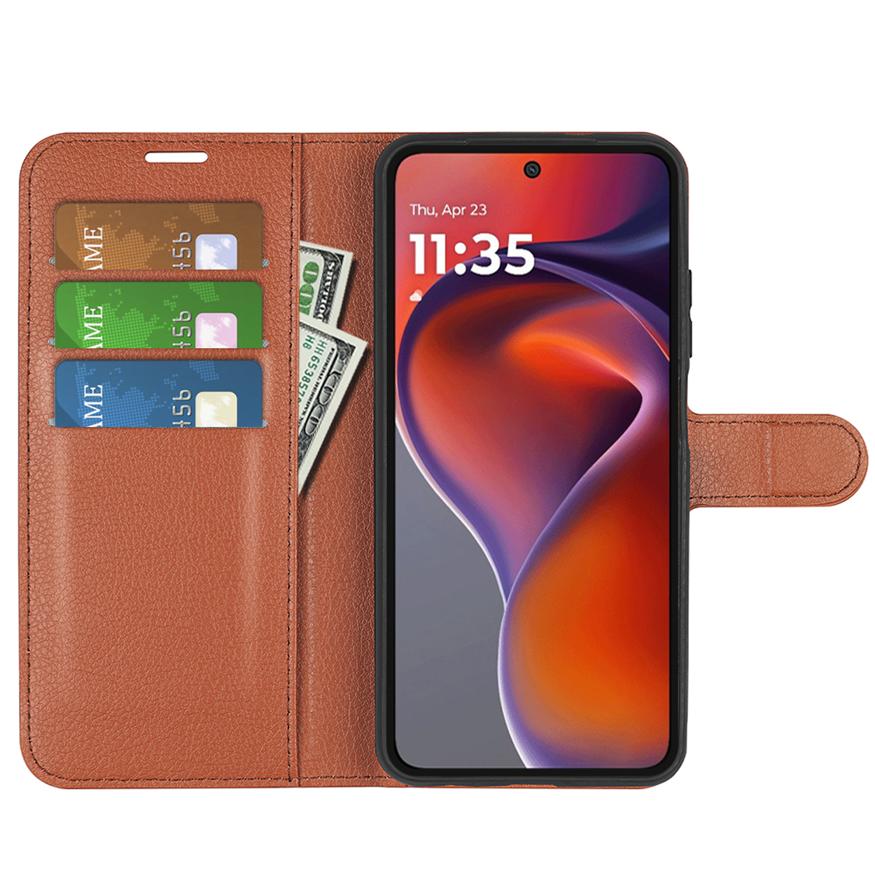 Brown leather phone case, open, with credit cards, cash and a smartphone showing time and date.