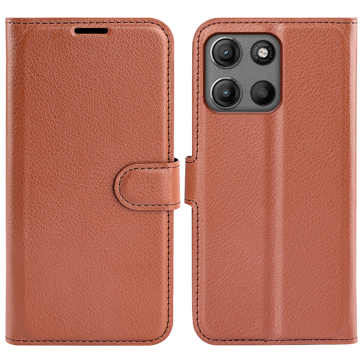Brown leather phone case, closed and open, showing the phone's camera and screen.